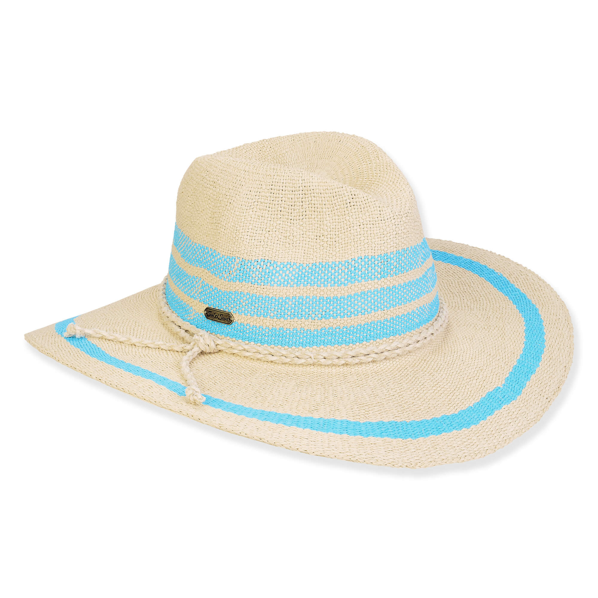 Front view of light woven straw sun hat featuring wide brim, high crown, and turquoise striped crown band with matching turquoise brim edge.