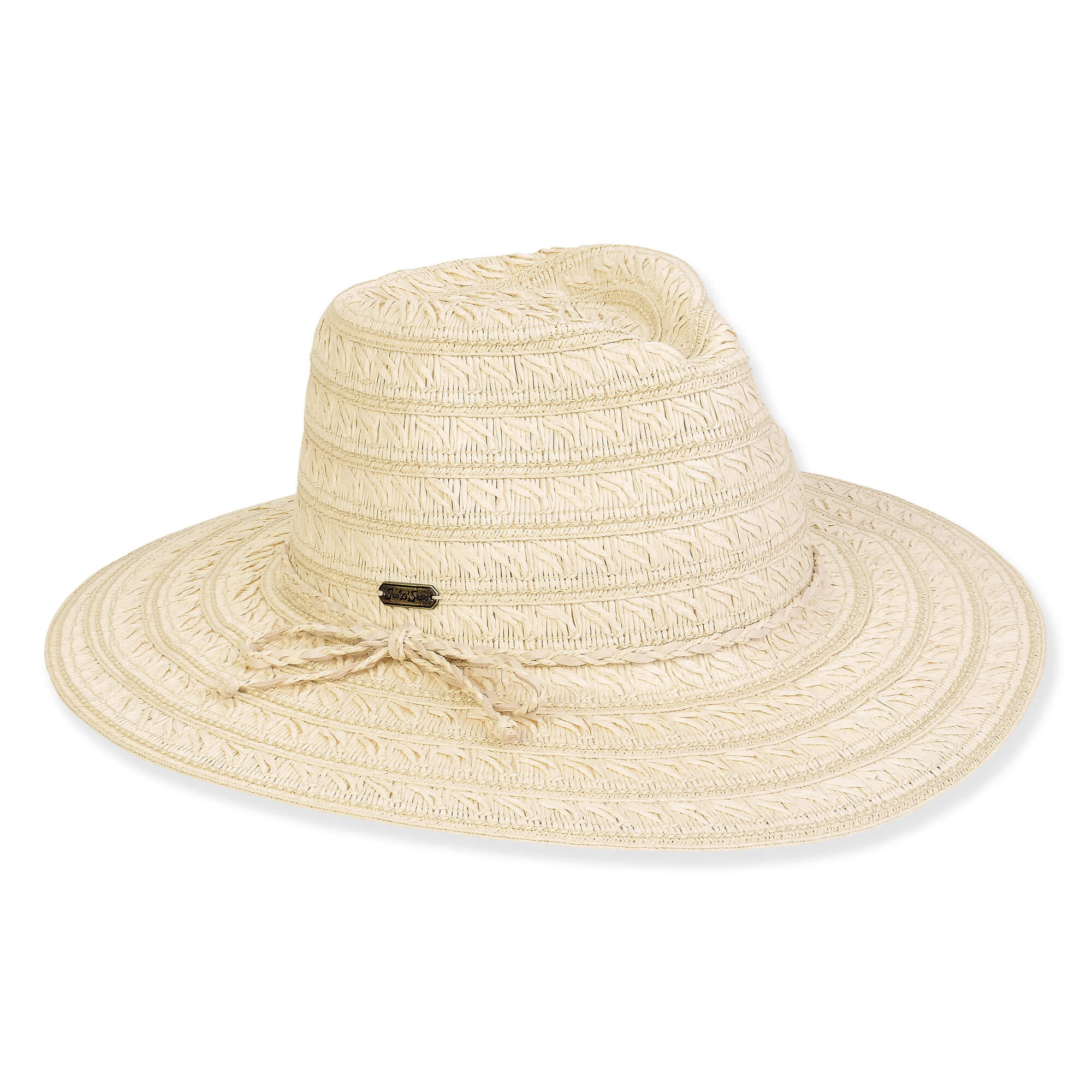 Front view of tan woven straw sun hat featuring wide brim, creased crown, and braided straw band tied in a small bow with metallic tag.