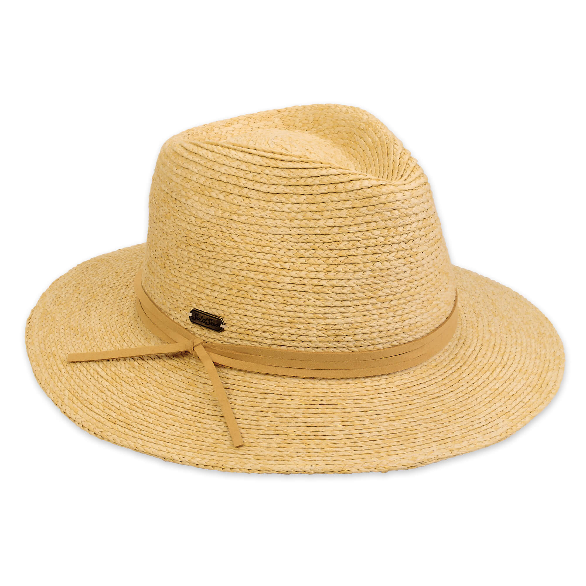 Front view of tan woven straw fedora featuring medium brim, creased crown, and simple brown knotted band with small rectangular side tag.