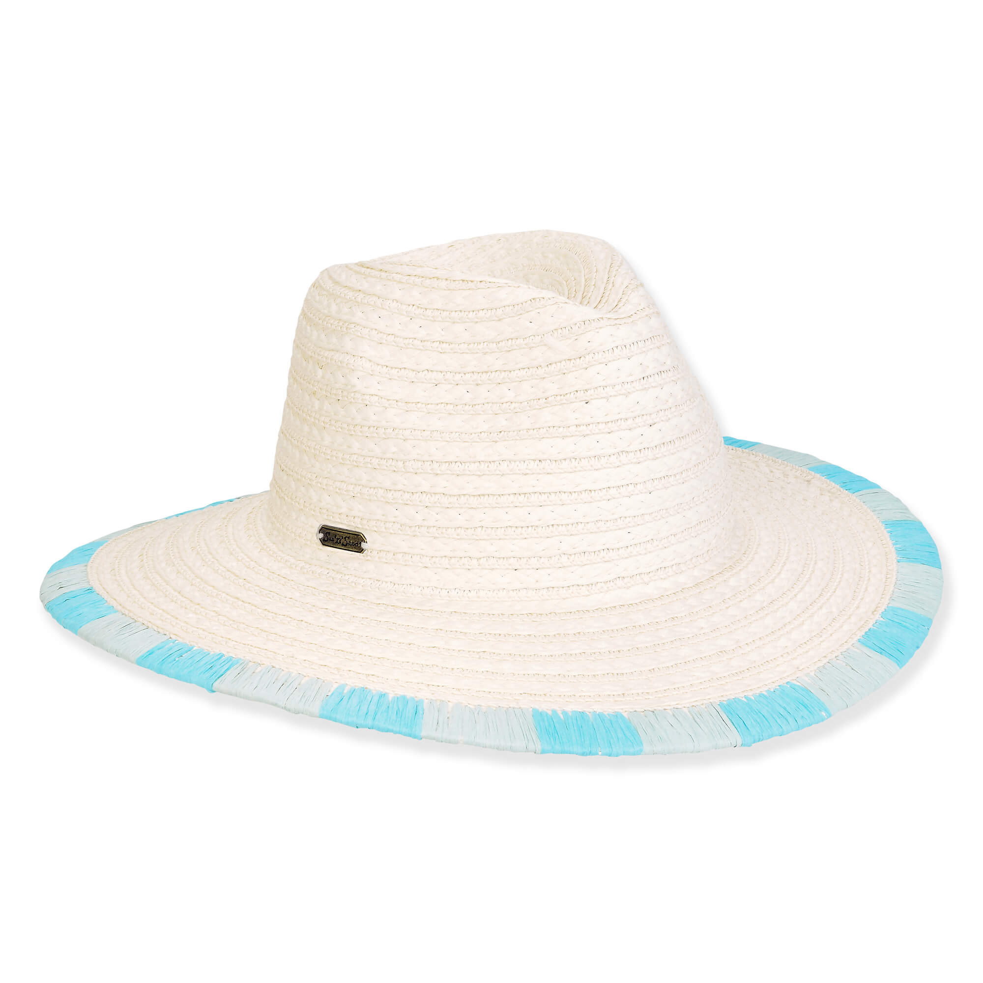 Front view of white woven straw sun hat featuring wide brim with alternating blue‑white edge sections and small metallic tag on crown side.