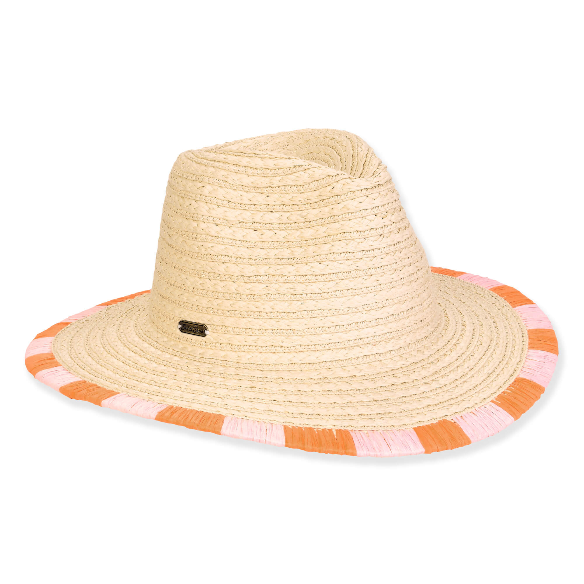 Front view of woven straw sun hat featuring wide brim with alternating orange‑pink edge sections and small rectangular metallic tag on crown side.
