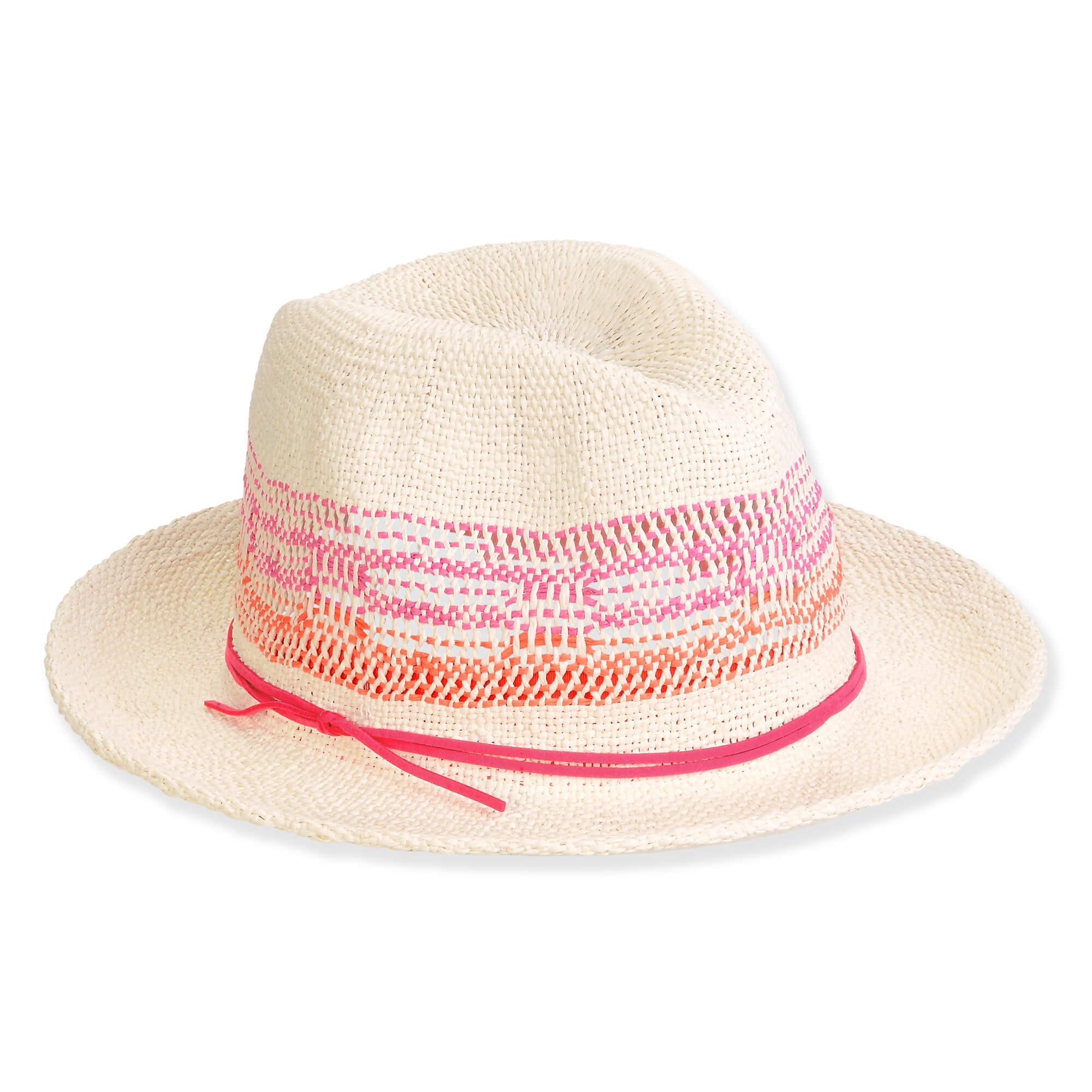 Front view of light woven straw sun hat featuring medium brim, creased crown, and pink‑orange patterned band with thin pink string detail.