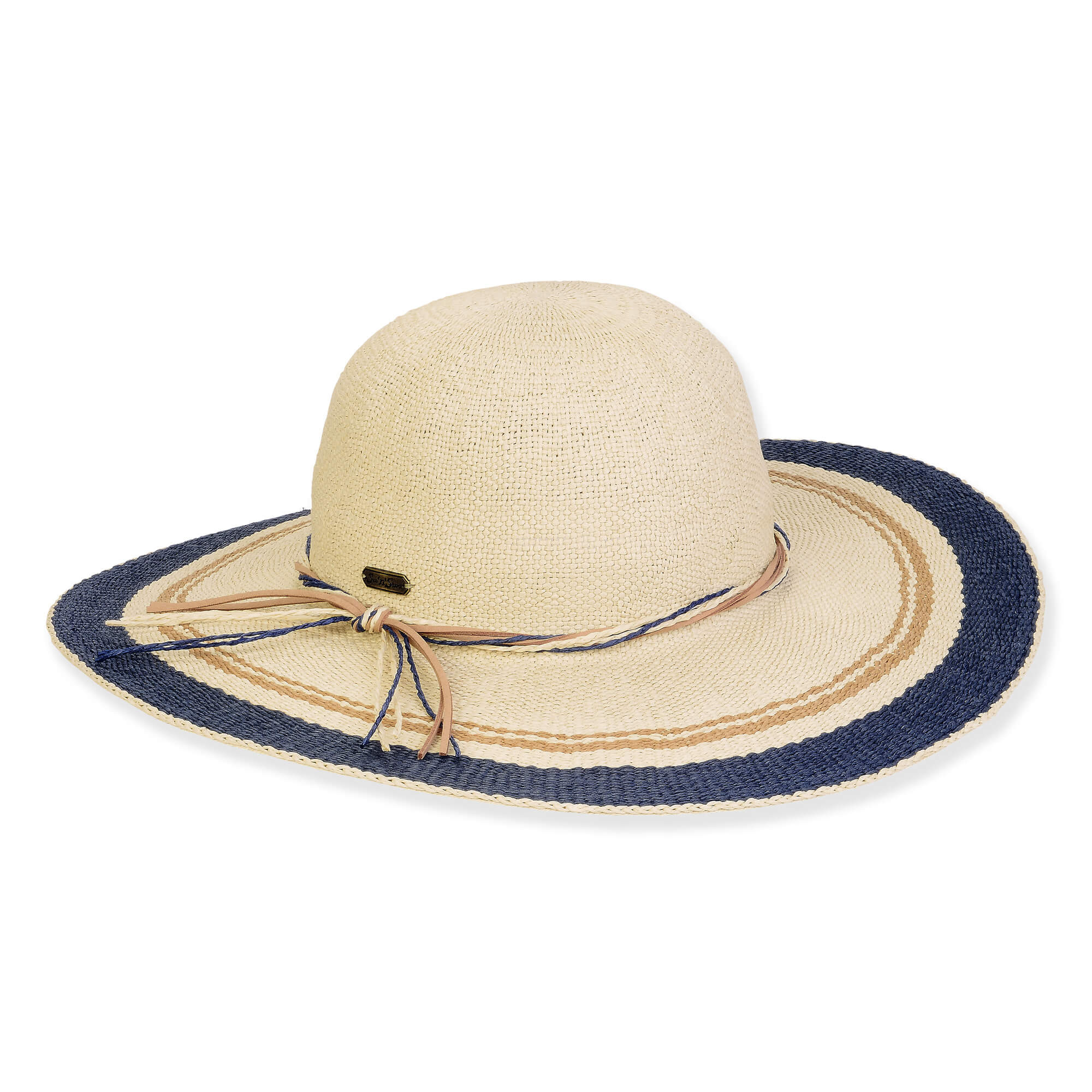 Front view of beige woven straw sun hat featuring wide brim with dark‑blue edge and multicolor cord bow band highlighting textured weave.