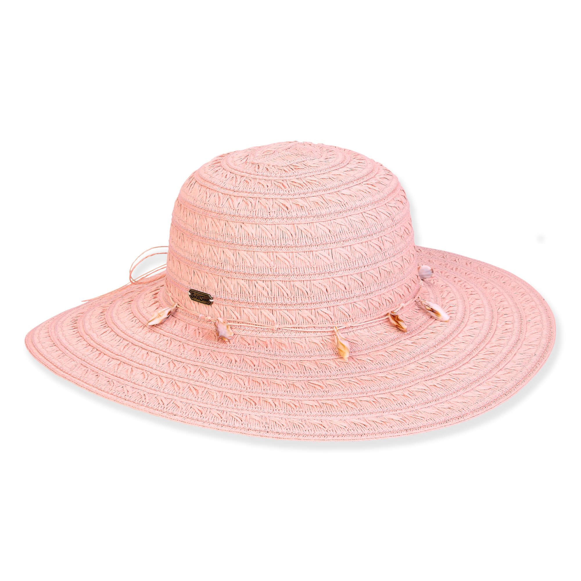 Front view of light pink woven straw sun hat featuring wide brim, rounded crown, and shell‑accent band highlighting detailed textured summer design.