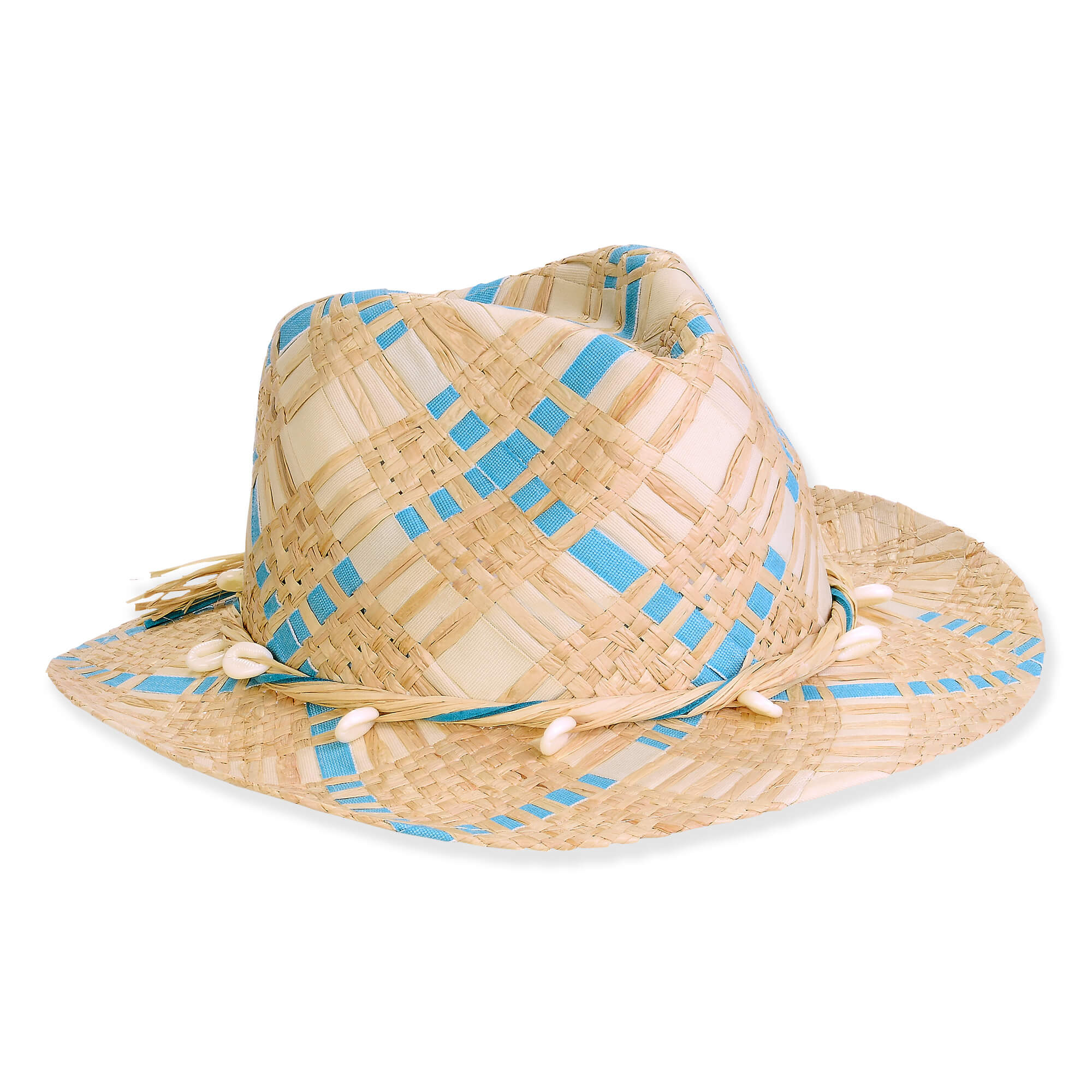 Three-quarter view of a tan and blue checkered woven fedora featuring a twisted straw band with white shell accents.