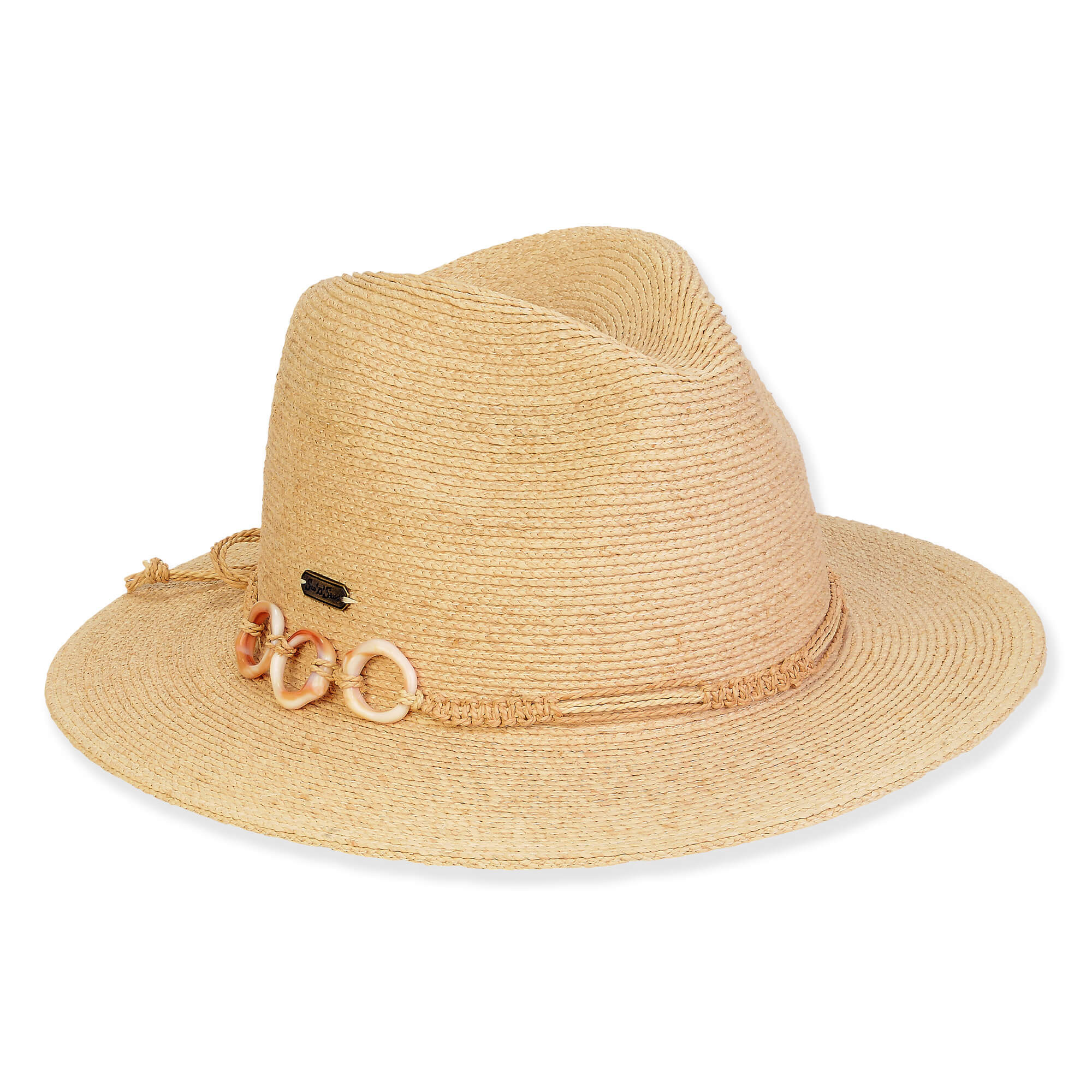 Three-quarter view of a tan woven fedora featuring a thin cord band with tortoiseshell-style ring accents and hardware.