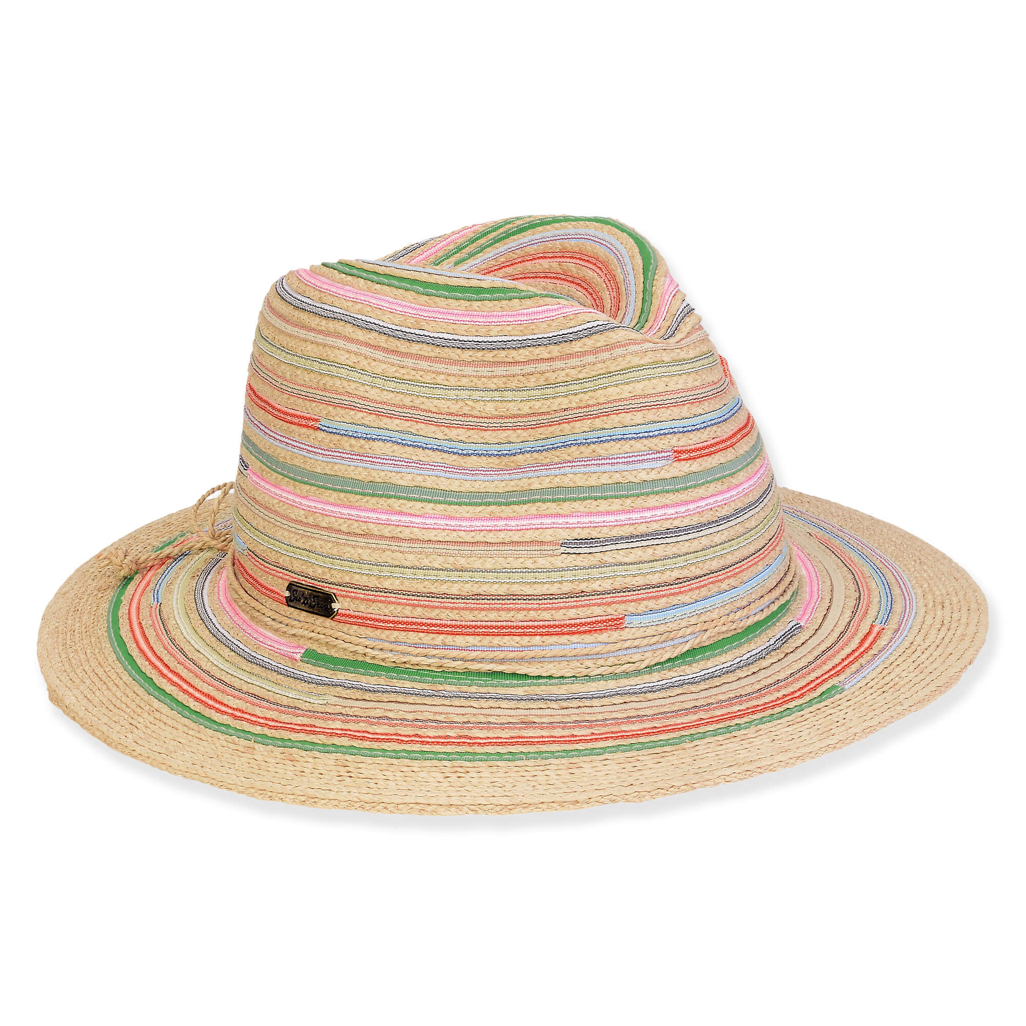 Three-quarter view of a tan woven fedora featuring a vibrant multi-colored horizontal striped pattern and a small brand plaque.