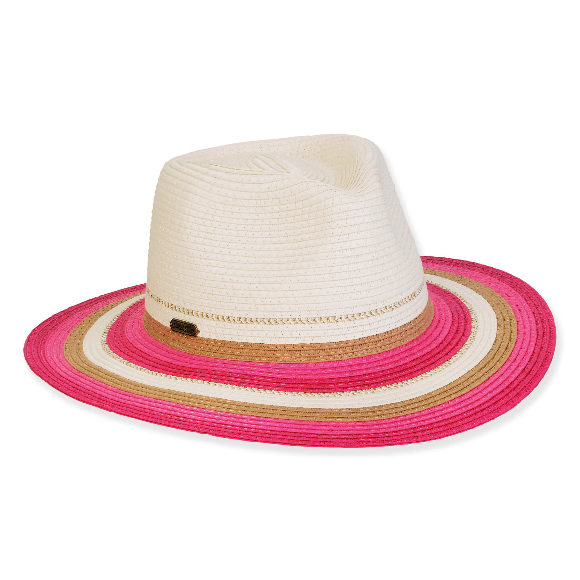 Three-quarter view of a white woven fedora featuring a neutral cord band and a wide brim with pink and tan stripes.