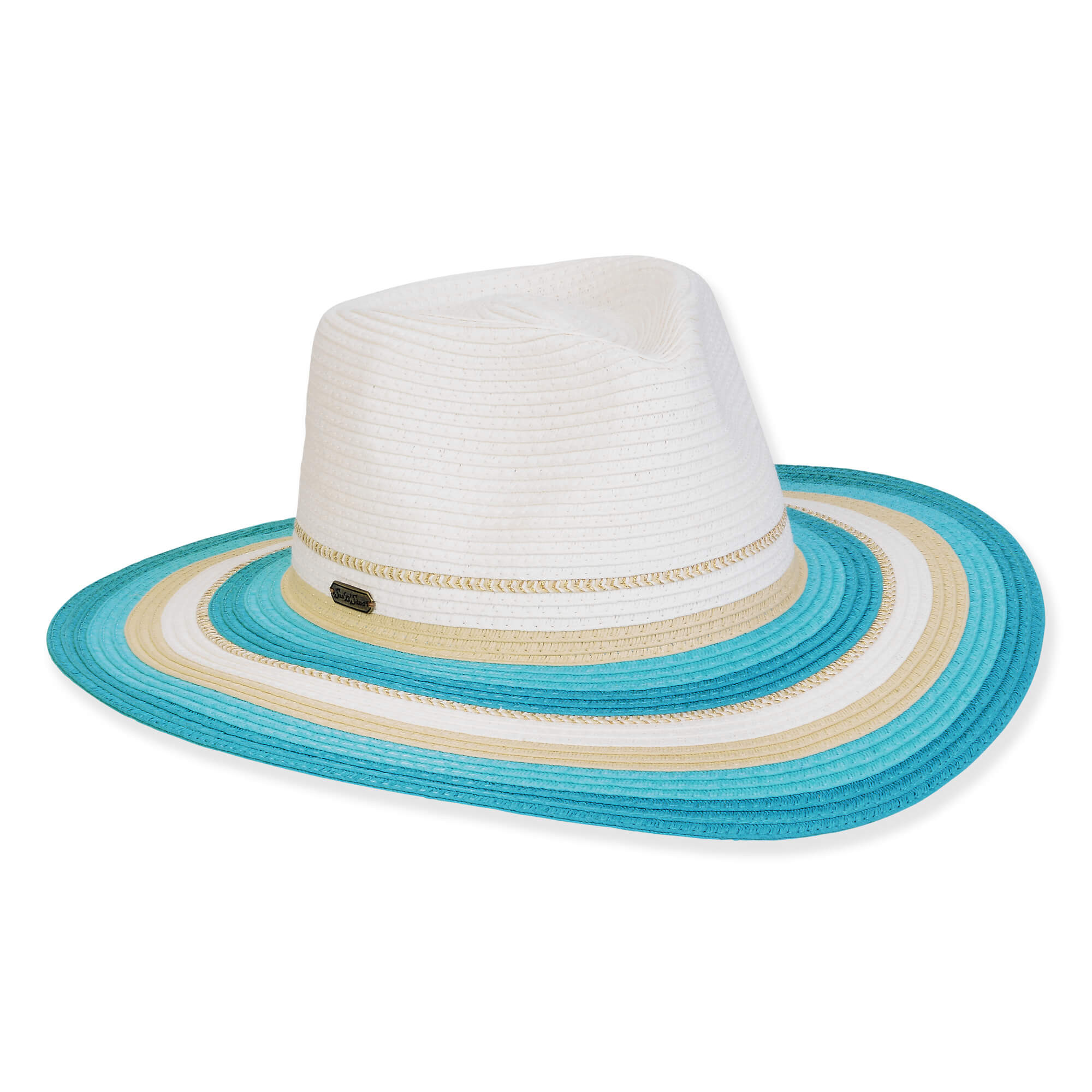 Three-quarter view of a white woven fedora featuring a neutral cord band and a wide brim with teal and tan stripes.