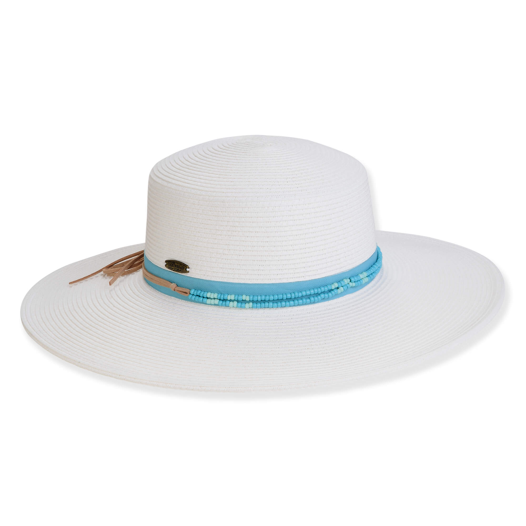 Three-quarter view of a white woven straw sun hat featuring a turquoise beaded band with tan tassel accents.