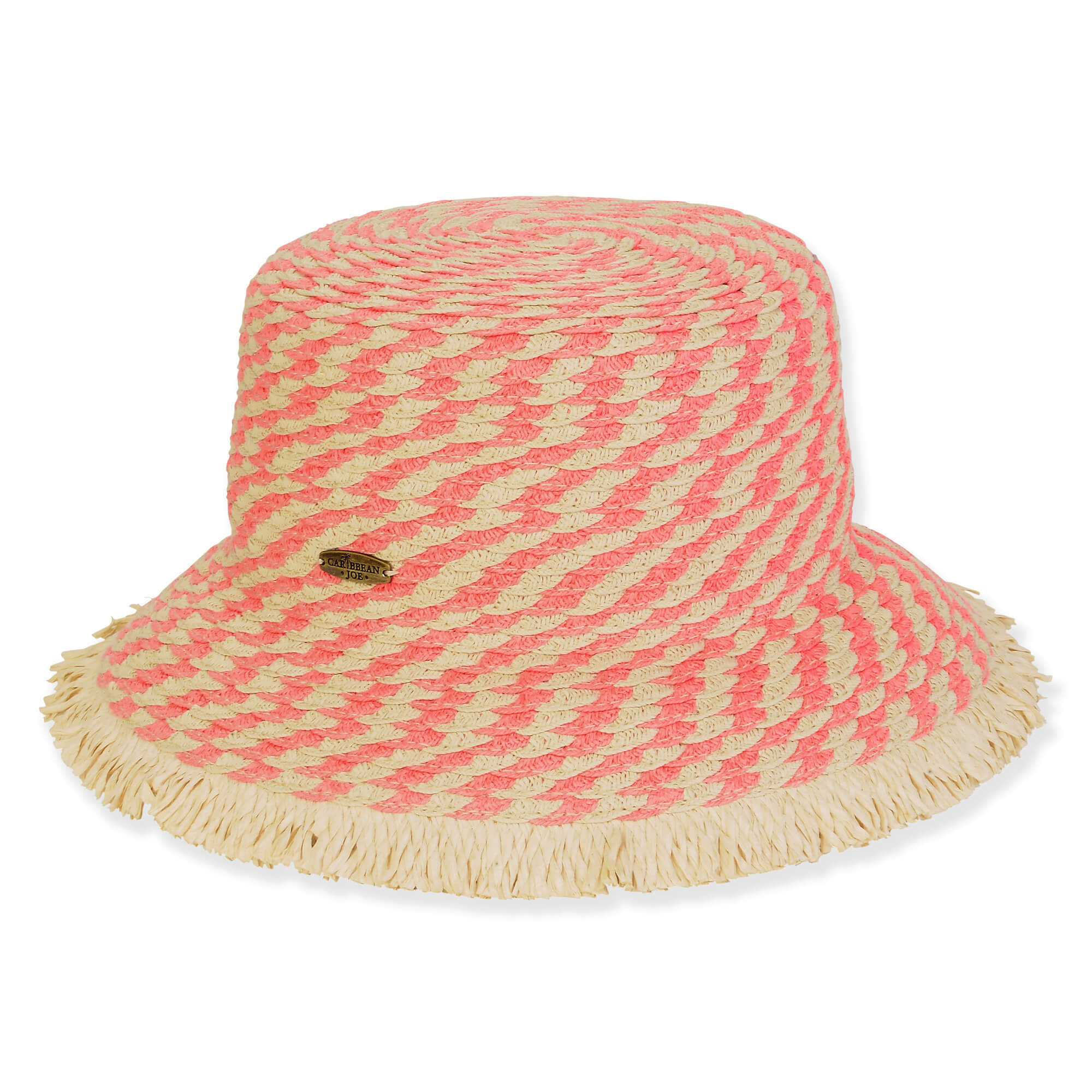 Three-quarter view of a woven straw bucket hat featuring a bright pink and tan wave pattern with a fringed brim.