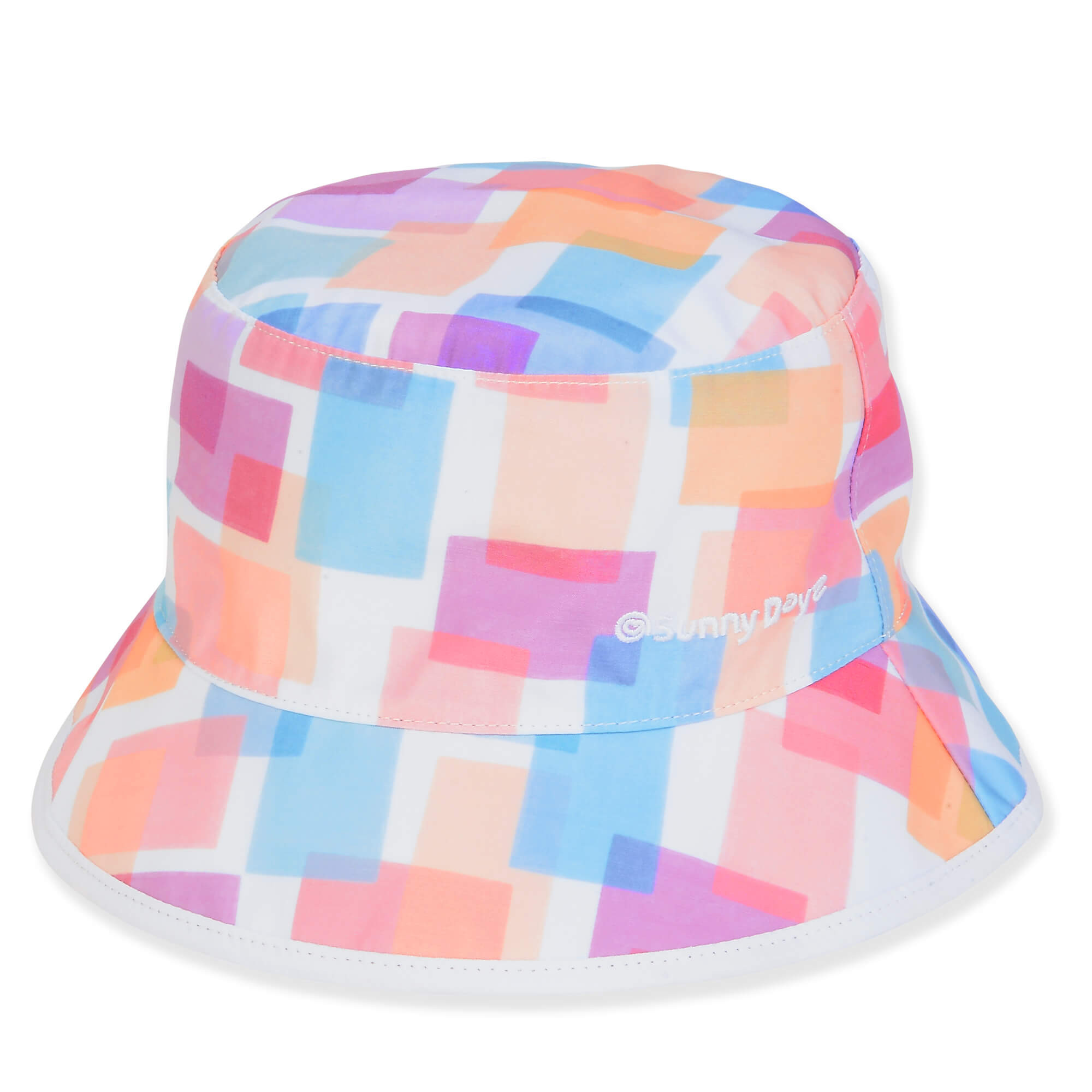 Three-quarter view of a white bucket hat featuring a colorful geometric print of overlapping pastel pink, blue, and orange rectangles.