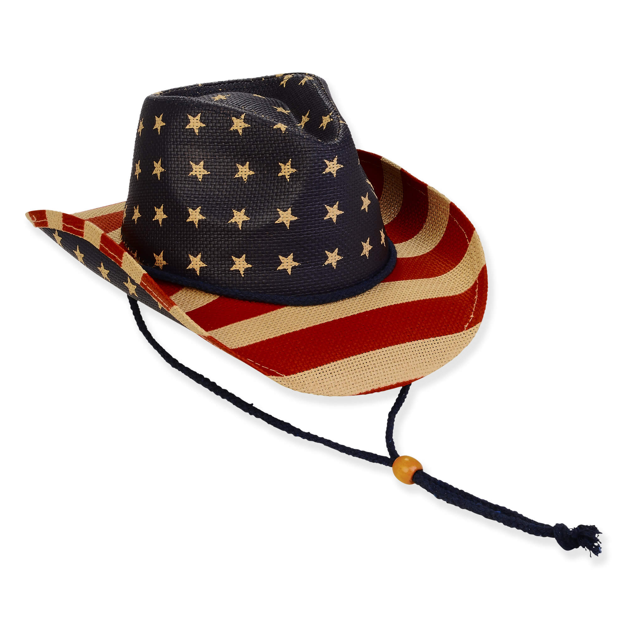Three-quarter view of a straw western hat featuring an American flag star crown, striped brim, and adjustable chin cord.