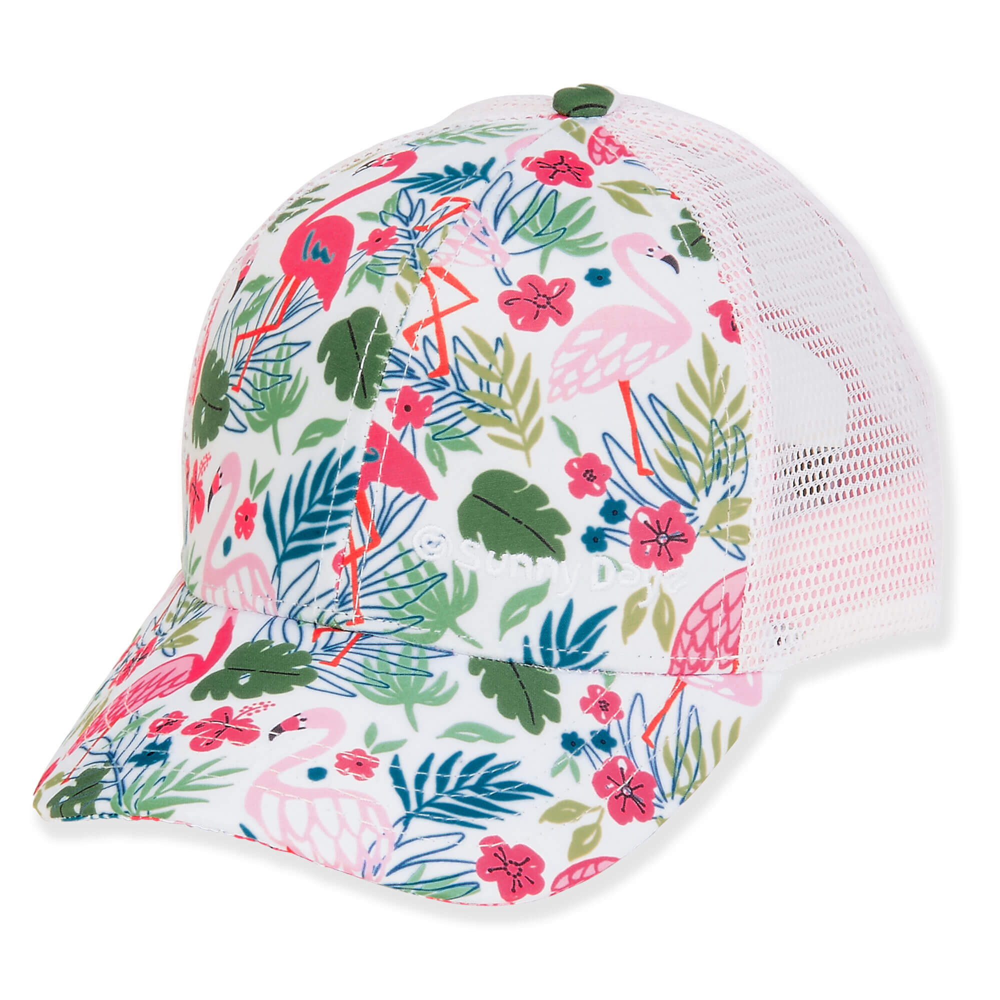 Three-quarter view of a white trucker hat featuring a tropical flamingo and palm leaf print with pink mesh back panels.