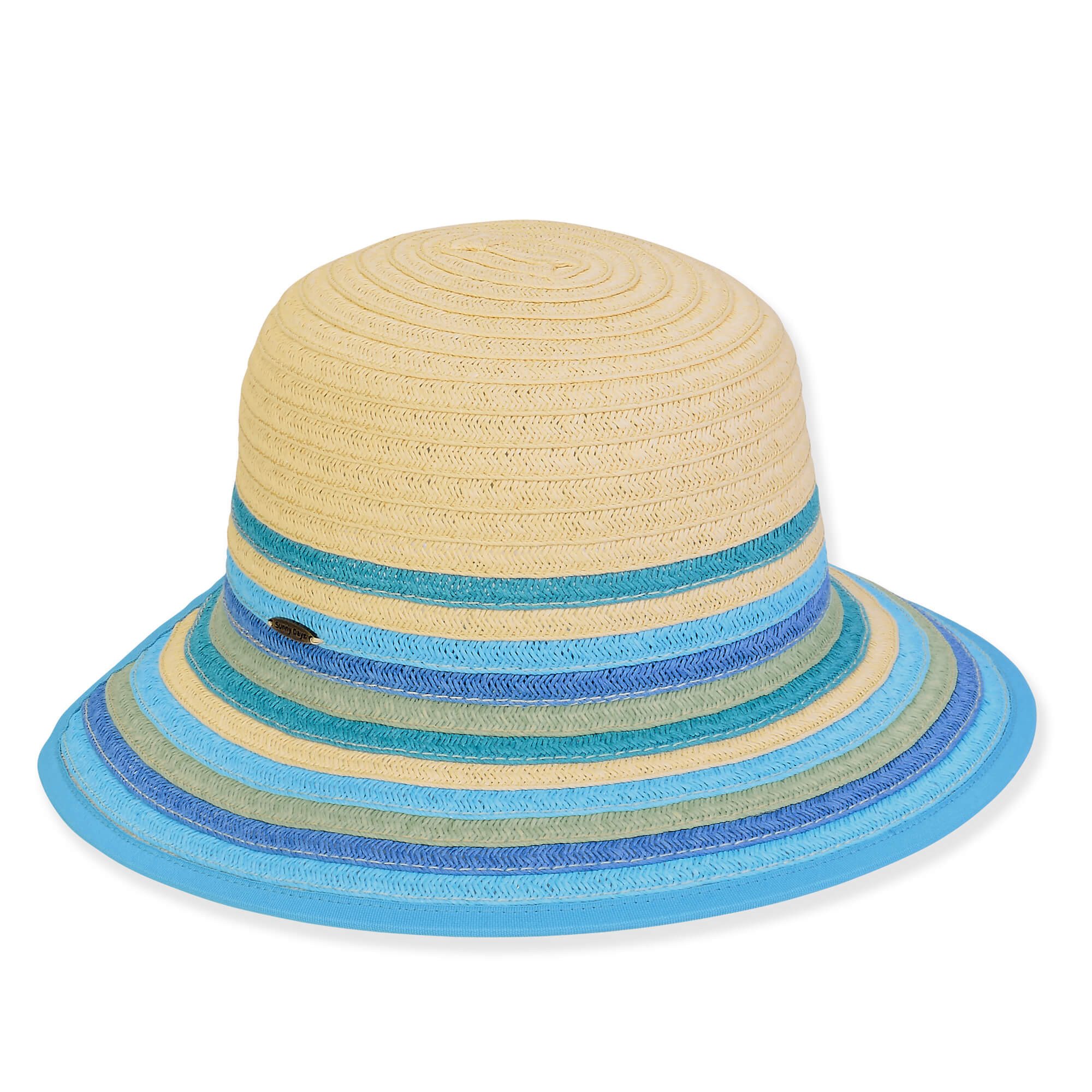 Three-quarter view of a cream paper straw sun hat featuring multi-colored blue and teal horizontal stripes and brand hardware.