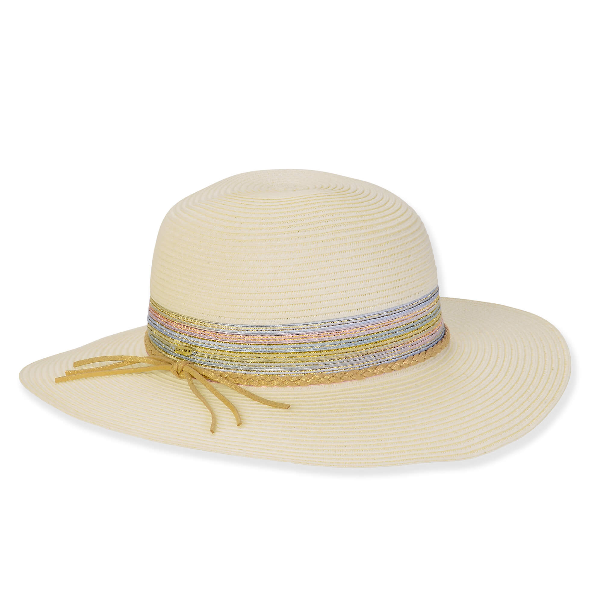 Three-quarter view of a cream paper straw sun hat featuring a pastel multi-strand cord band with a knotted tassel detail.