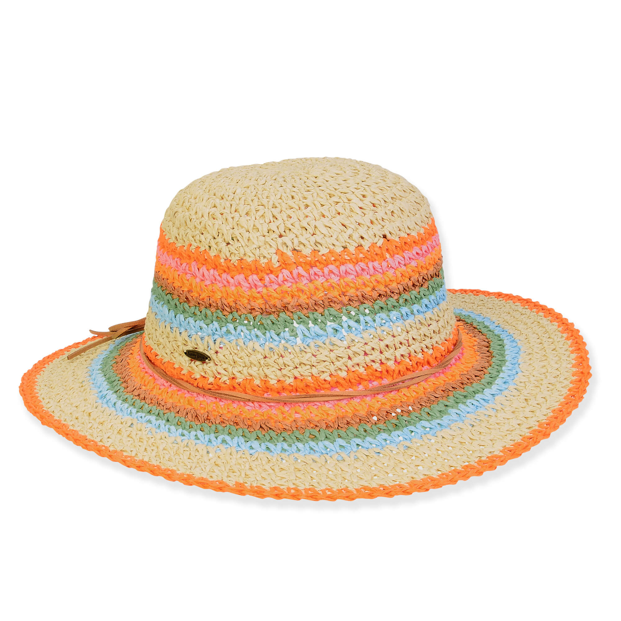Three-quarter view of a cream crochet sun hat featuring multi-colored horizontal stripes, an orange scallop edge, and brand hardware.