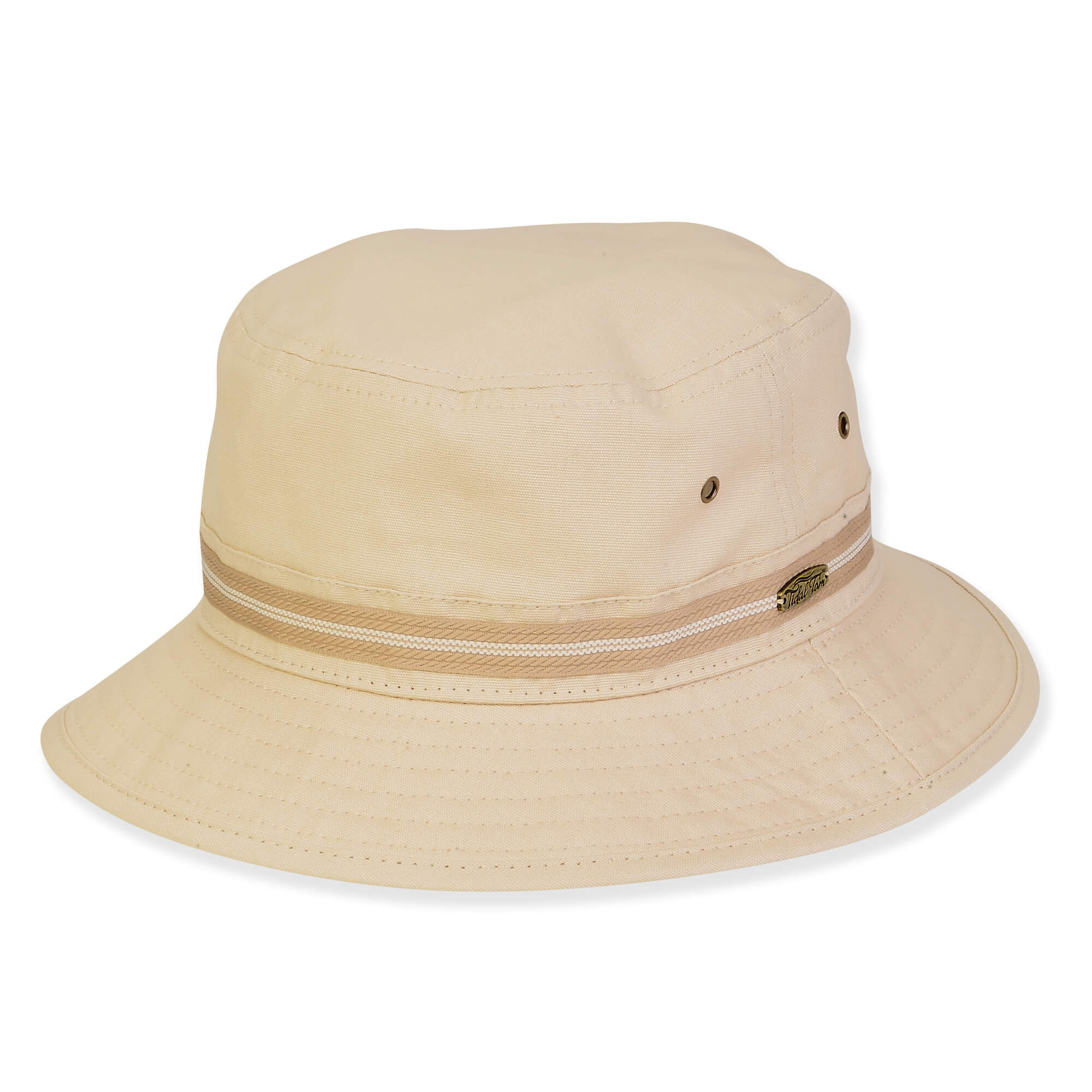 Three-quarter view of a khaki fabric bucket hat featuring a striped ribbon band, ventilation eyelets, and an oval brand logo.