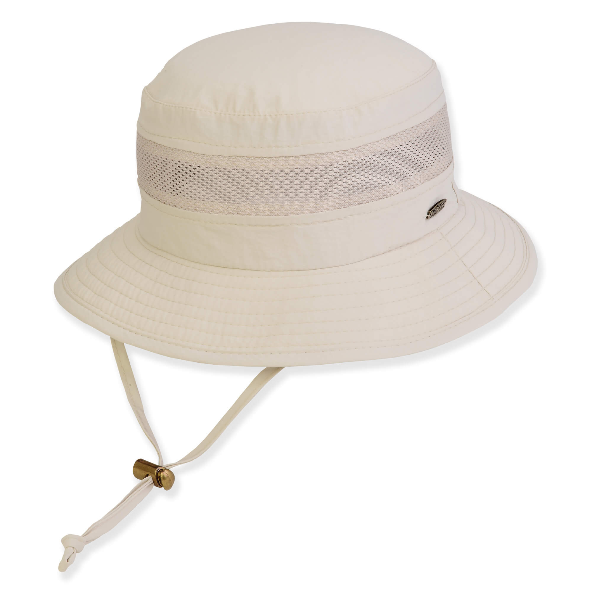 Three-quarter view of a cream fabric boonie hat featuring a mesh ventilation band, adjustable chin cord, and metallic toggle.