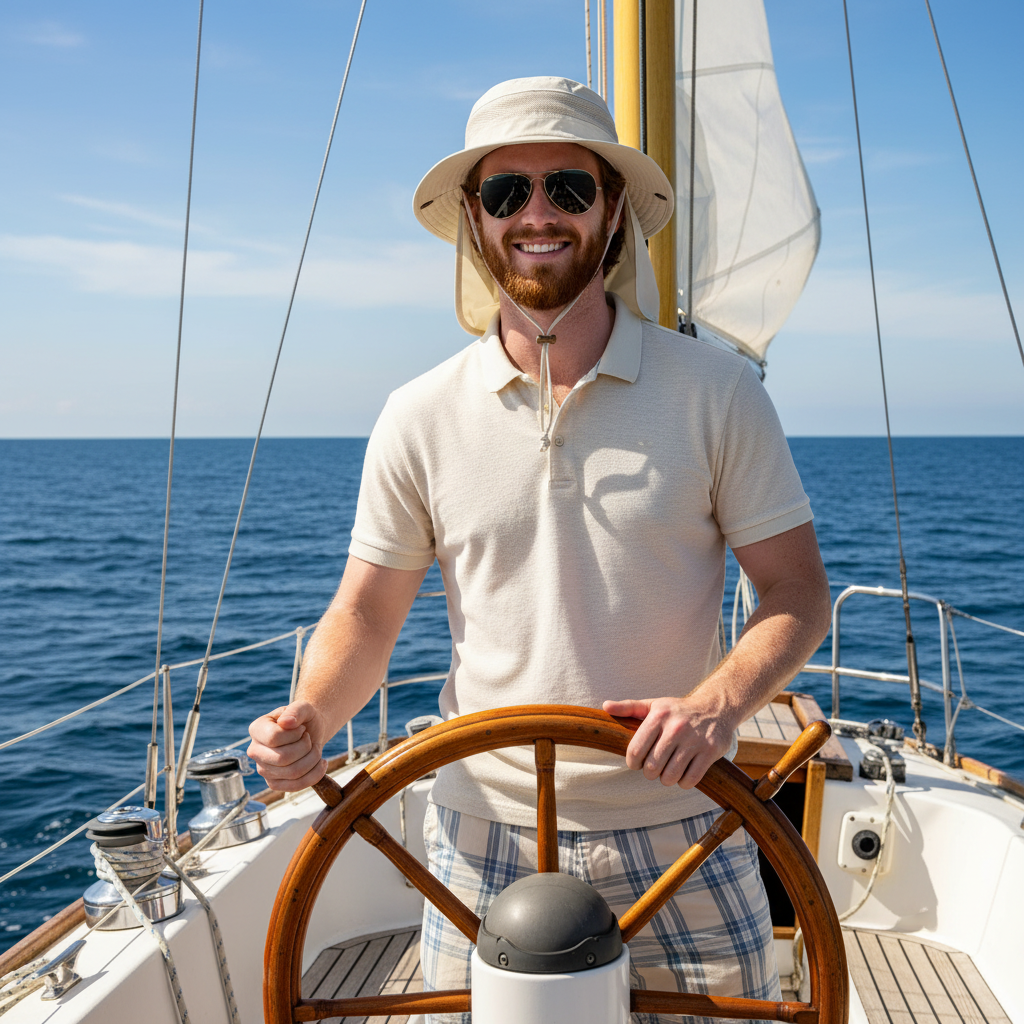 A man on a sailboat wearing sunglasses and a cream fabric boonie hat with a neck protective flap and chin strap.