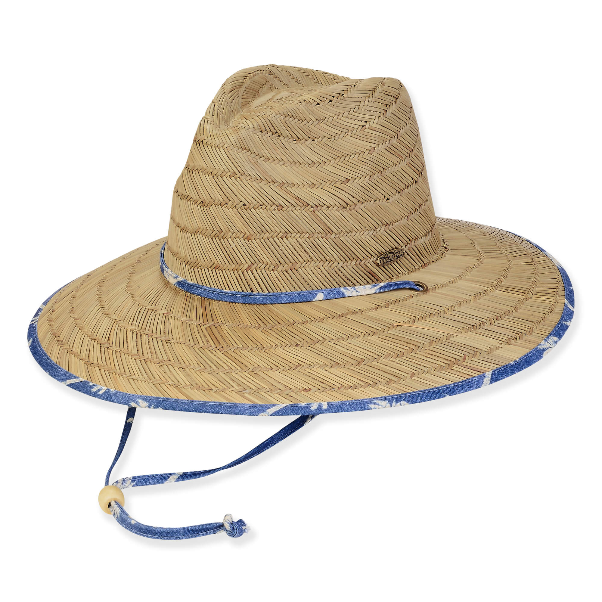 Three-quarter view of a natural straw outback hat featuring blue floral brim binding, a matching chin strap, and wooden toggle.