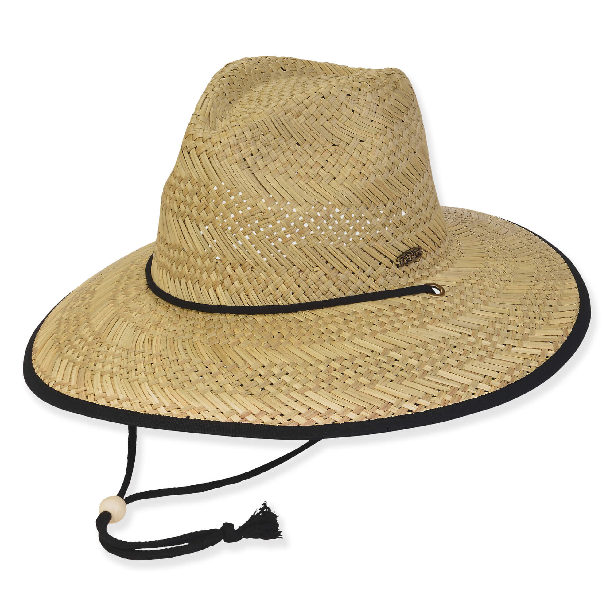 Three-quarter view of a natural straw outback hat featuring black brim binding, a thin cord chin strap, and wooden toggle.