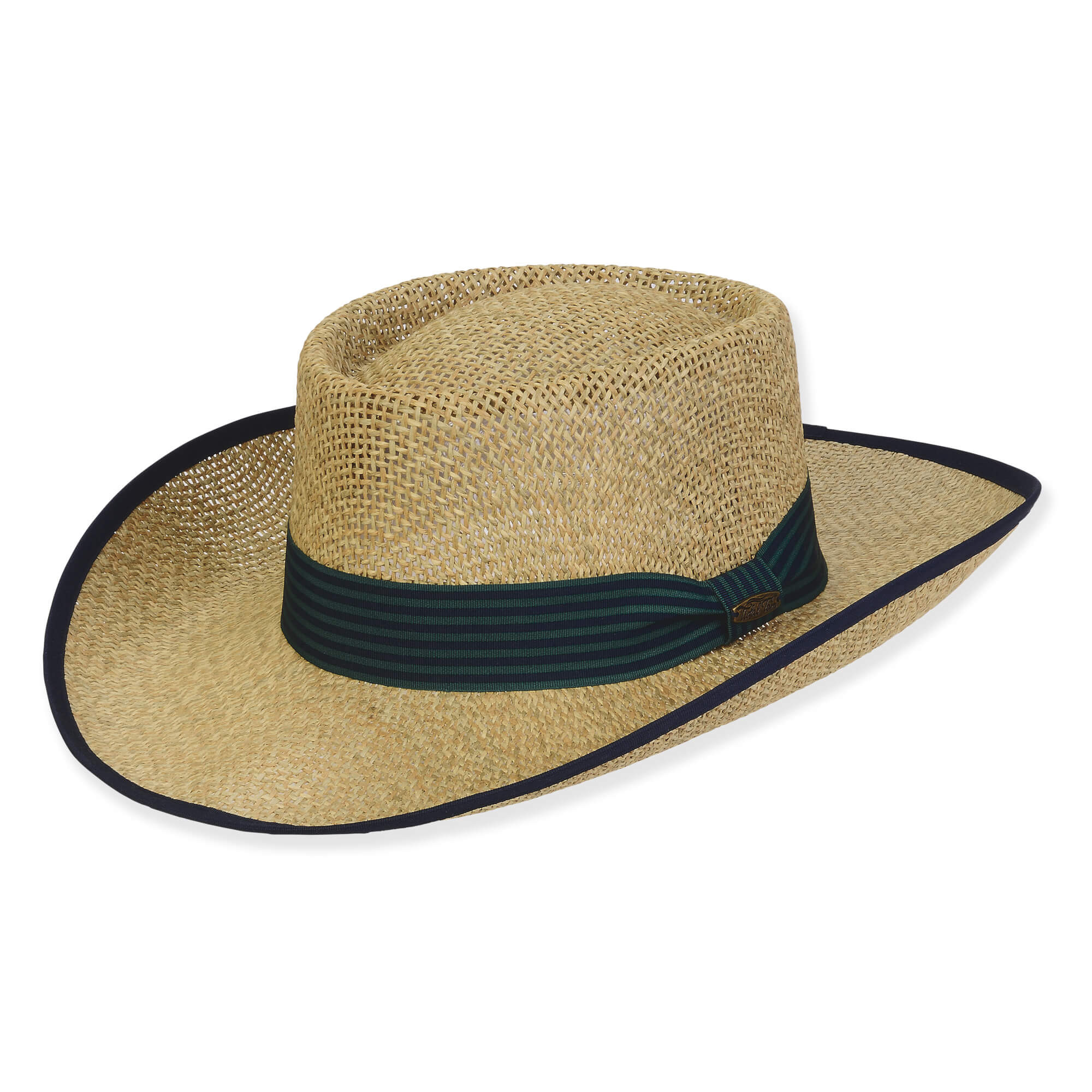 Three-quarter view of a tan straw gambler hat featuring a navy striped ribbon band, matching brim binding, and oval logo.