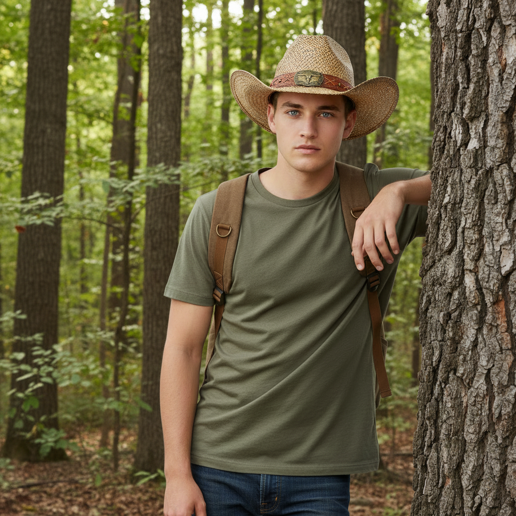 Lifestyle front view of the Sun N Sand HTT1259 men's western straw hat in Natural, featuring a decorative faux-leather band with a metal buckle and upturned side brims with a cattleman crown for rugged outdoor style and reliable sun protection while hiking.