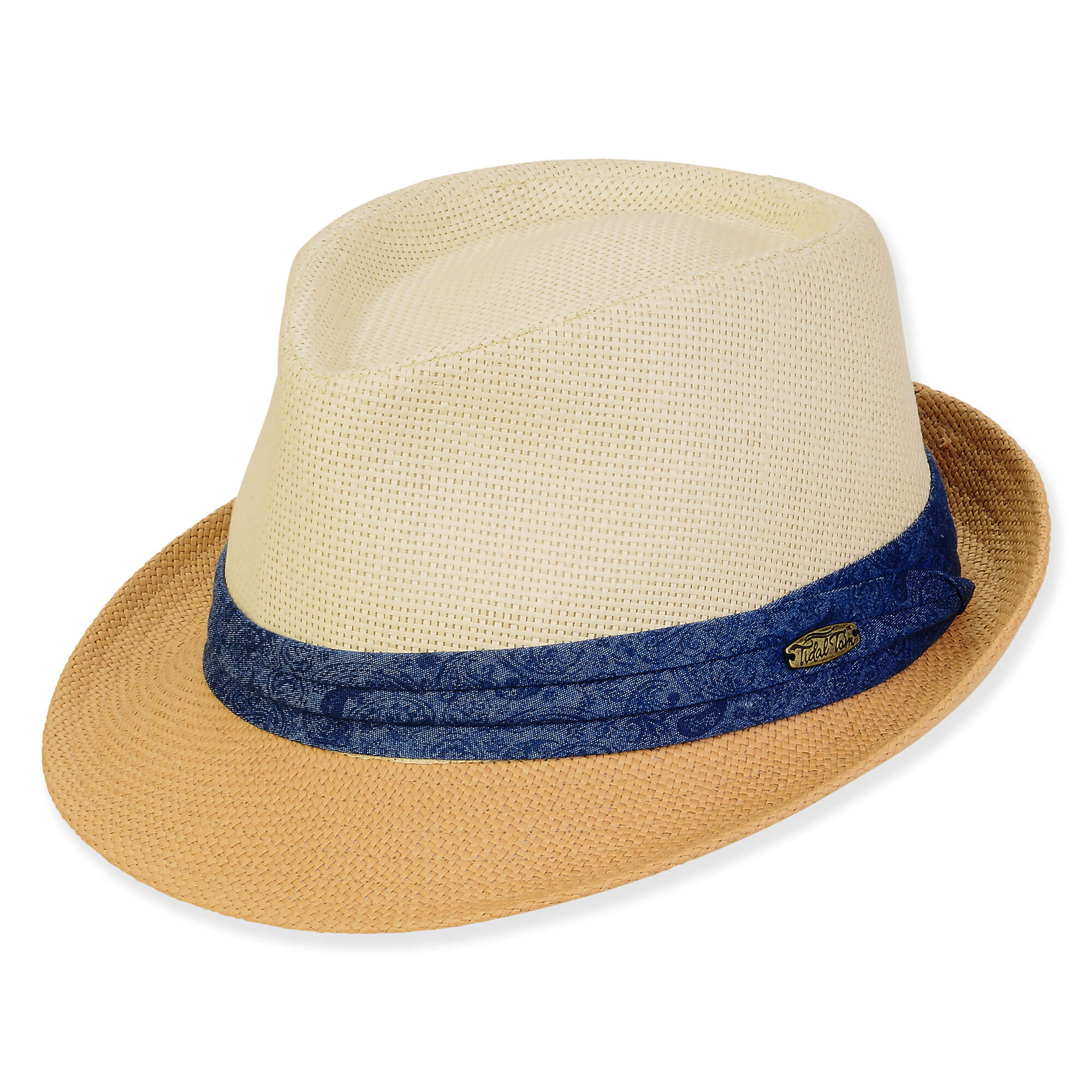 Three-quarter view of a cream and tan straw fedora featuring a blue marl fabric band with an oval logo.