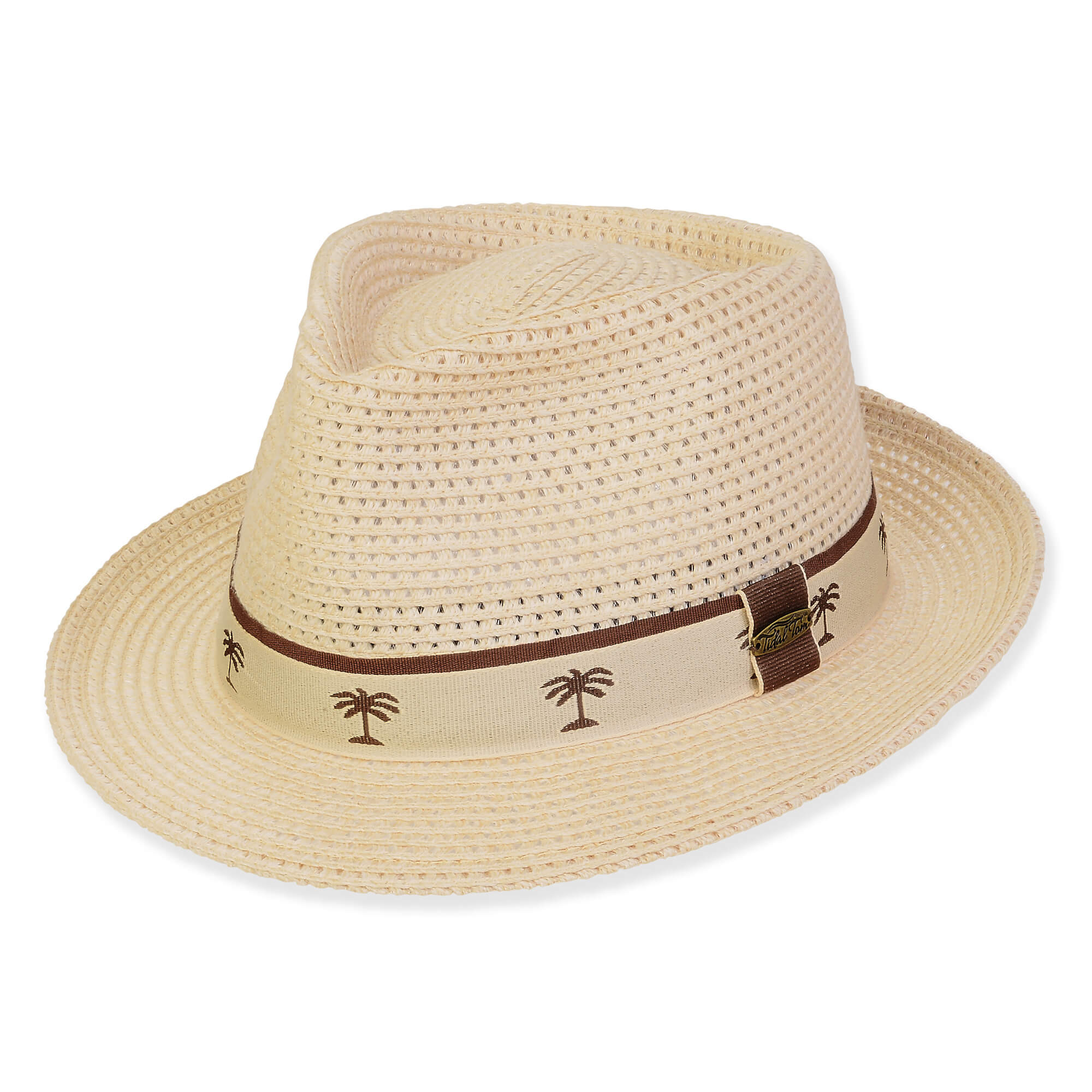 Three-quarter view of a cream straw fedora featuring a tan ribbon band with brown palm tree embroidery and oval logo.