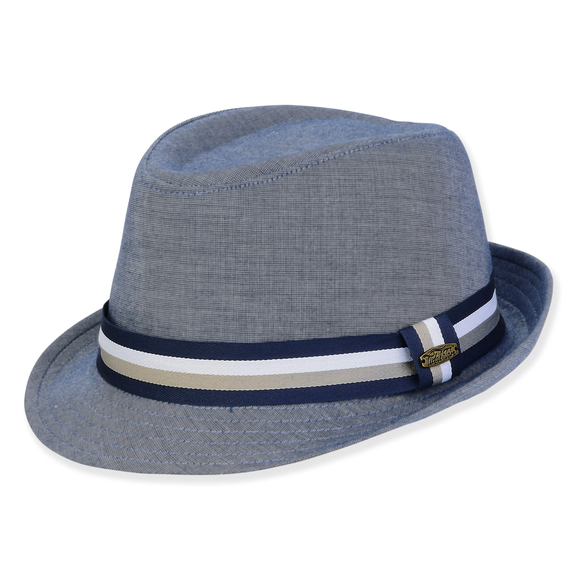 Three-quarter view of a grey linen fedora featuring a navy, white, and tan striped ribbon band and oval metal logo.