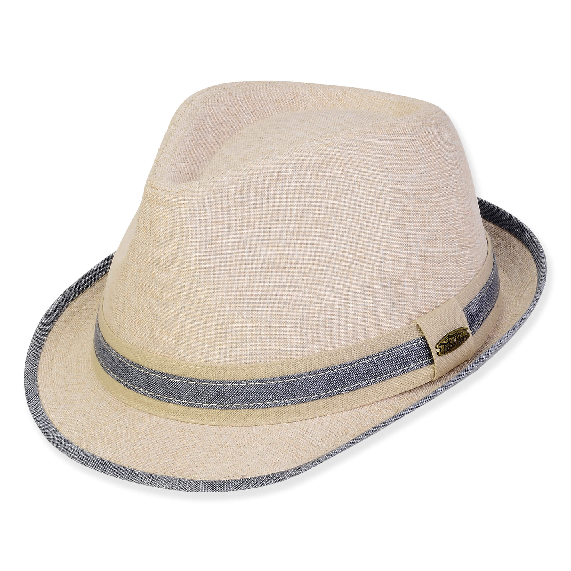 Three-quarter view of a tan linen fedora featuring a grey marl fabric band with a small oval metal logo.
