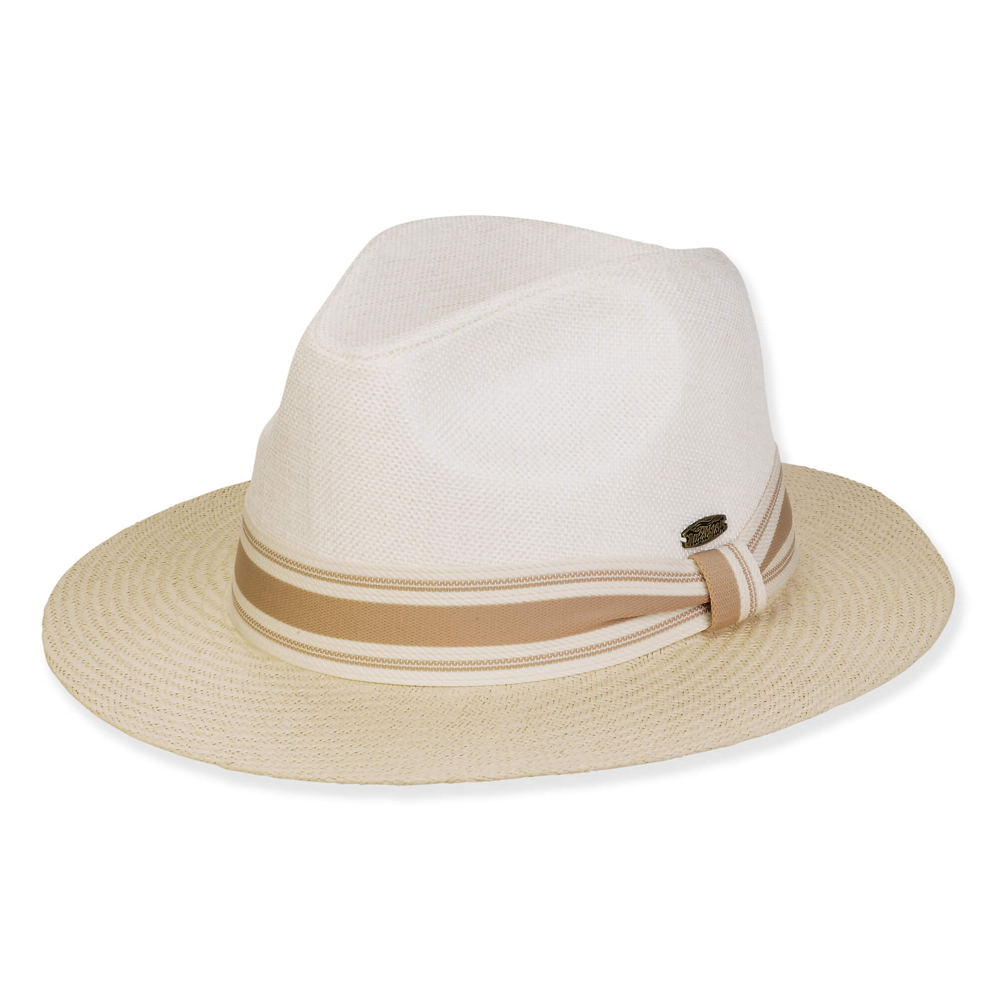 Three-quarter view of a white straw fedora featuring a tan and white striped ribbon band and oval metal logo.