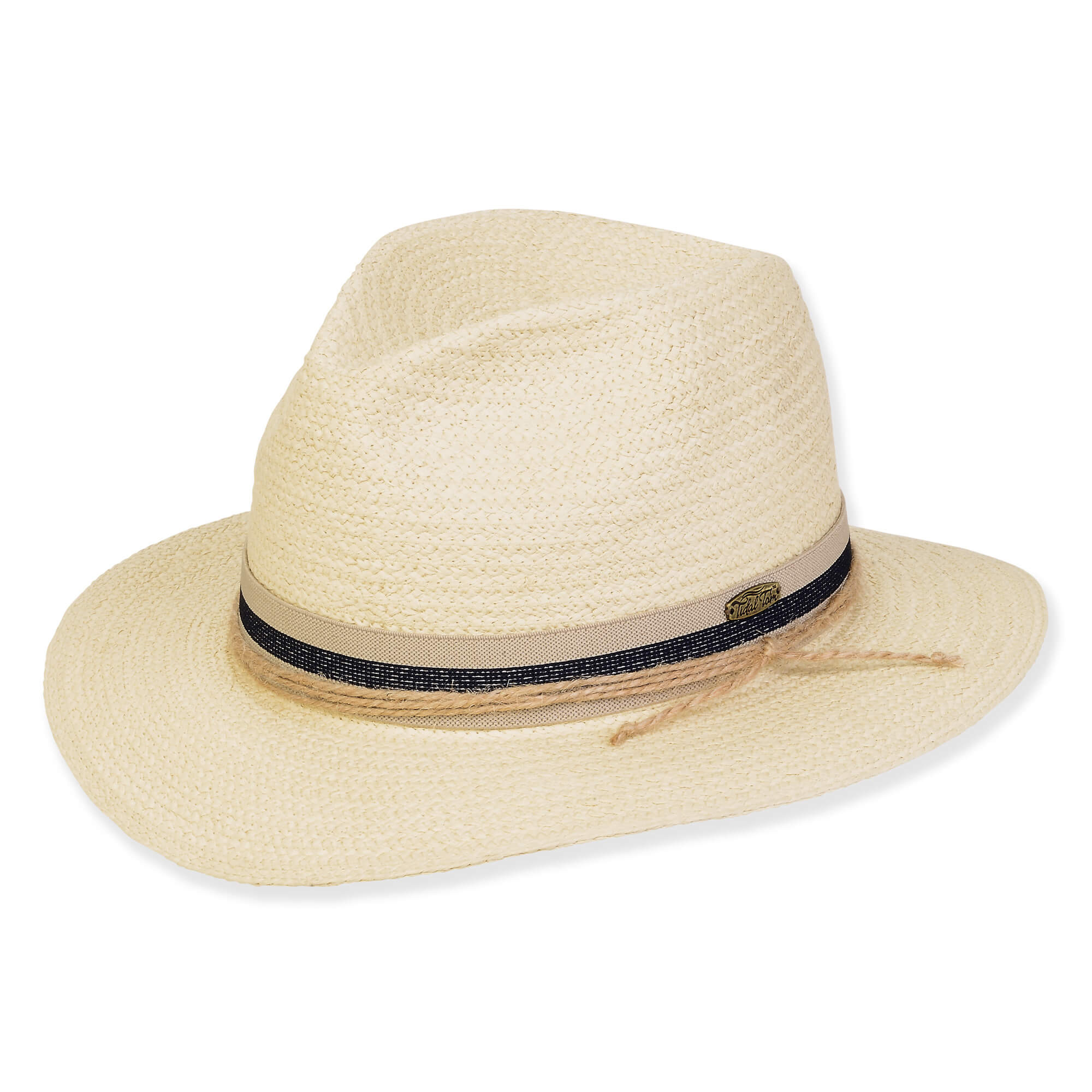 Three-quarter view of a cream straw fedora featuring a multi-textured tri-color band, side string detail, and oval metal logo.