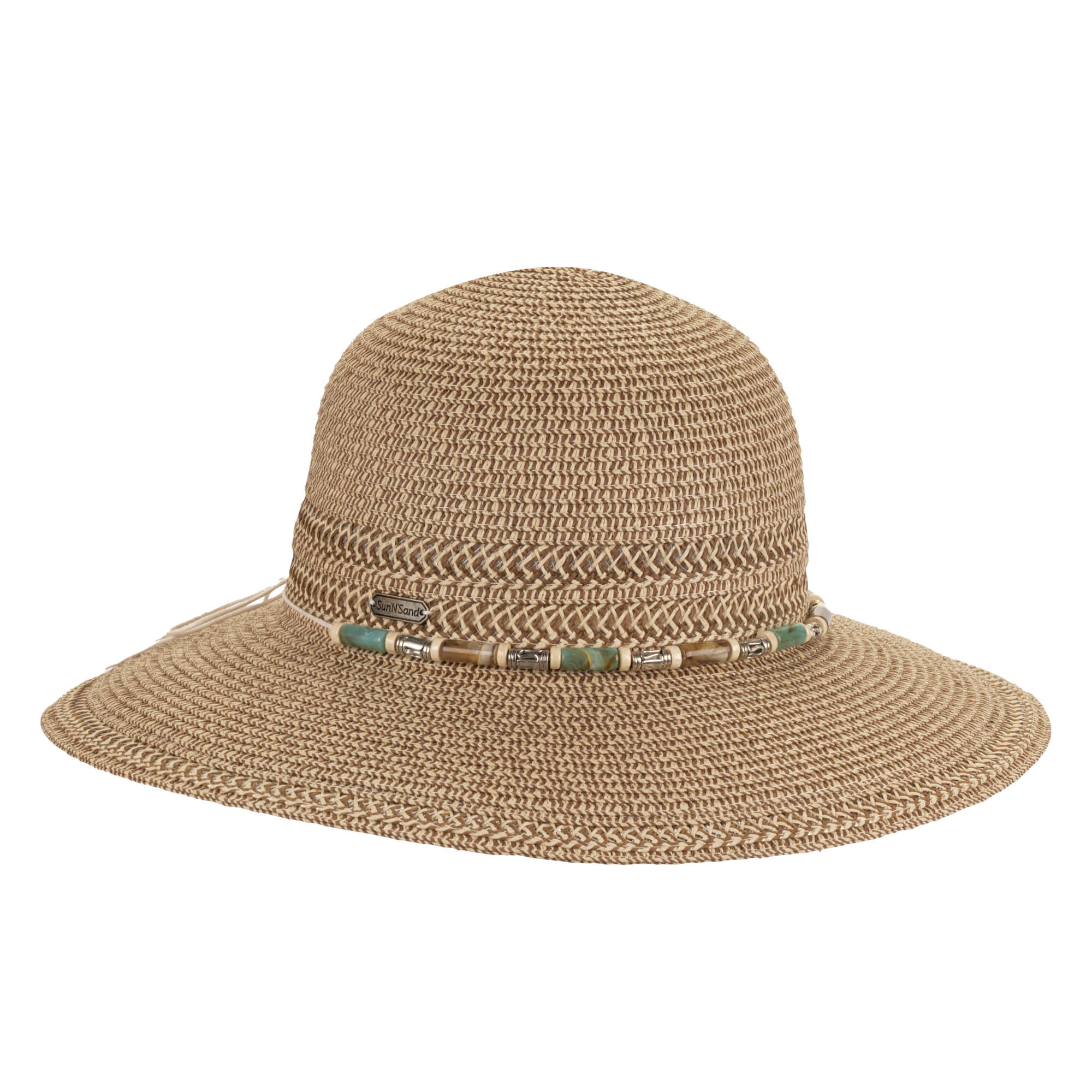 Front angle view of women’s Sun N Sand HH3427 floppy hat in natural straw texture with wide flexible brim and adjustable interior band for UPF sun protection.