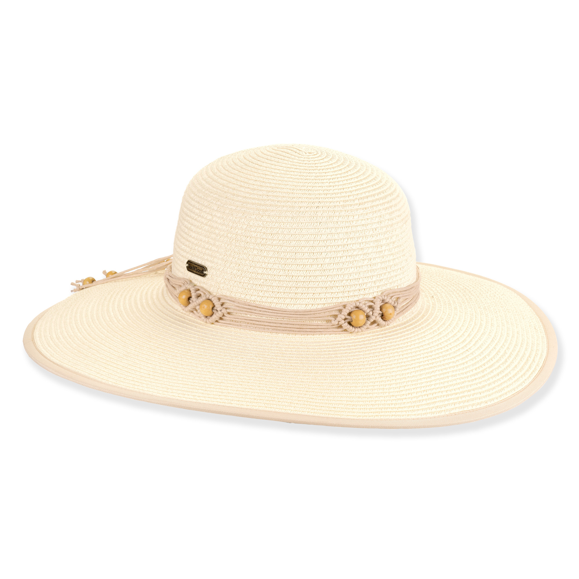 White wide-brim floppy hat, fine straw weave texture, floppy crown, stitched brim edge, adjustable inner band with metal slider, beachwear