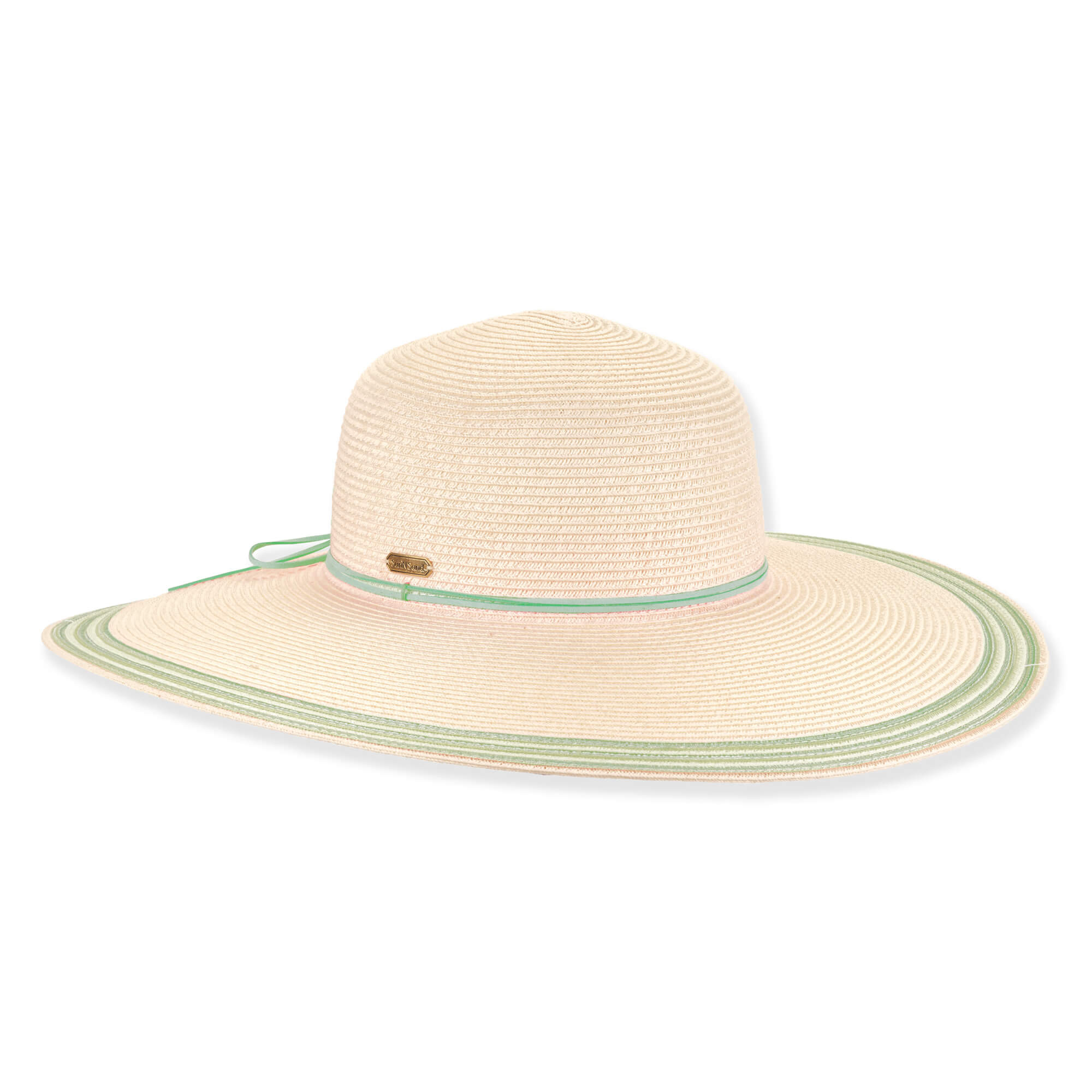 Wide brim beige floppy hat with mint green trim, textured crown, thin matching band and small gold tag shown in front angled product view.