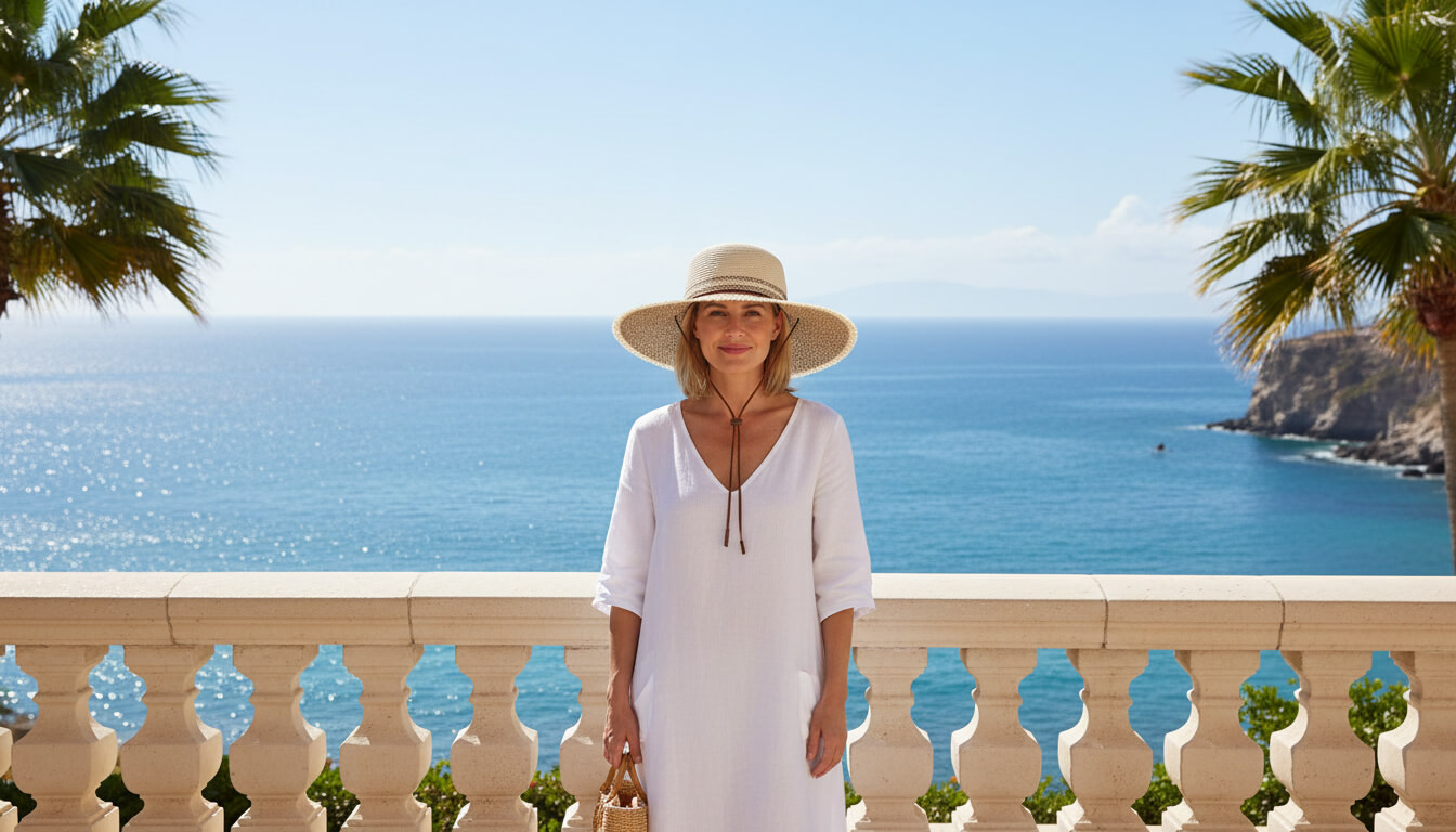 A lifestyle portrait of the Sun N Sand HH3444 Women’s Floppy Hat in natural woven straw, featuring a wide, floppy brim and a functional chinstrap cord for maximum adjustable sun protection with UPF 50+