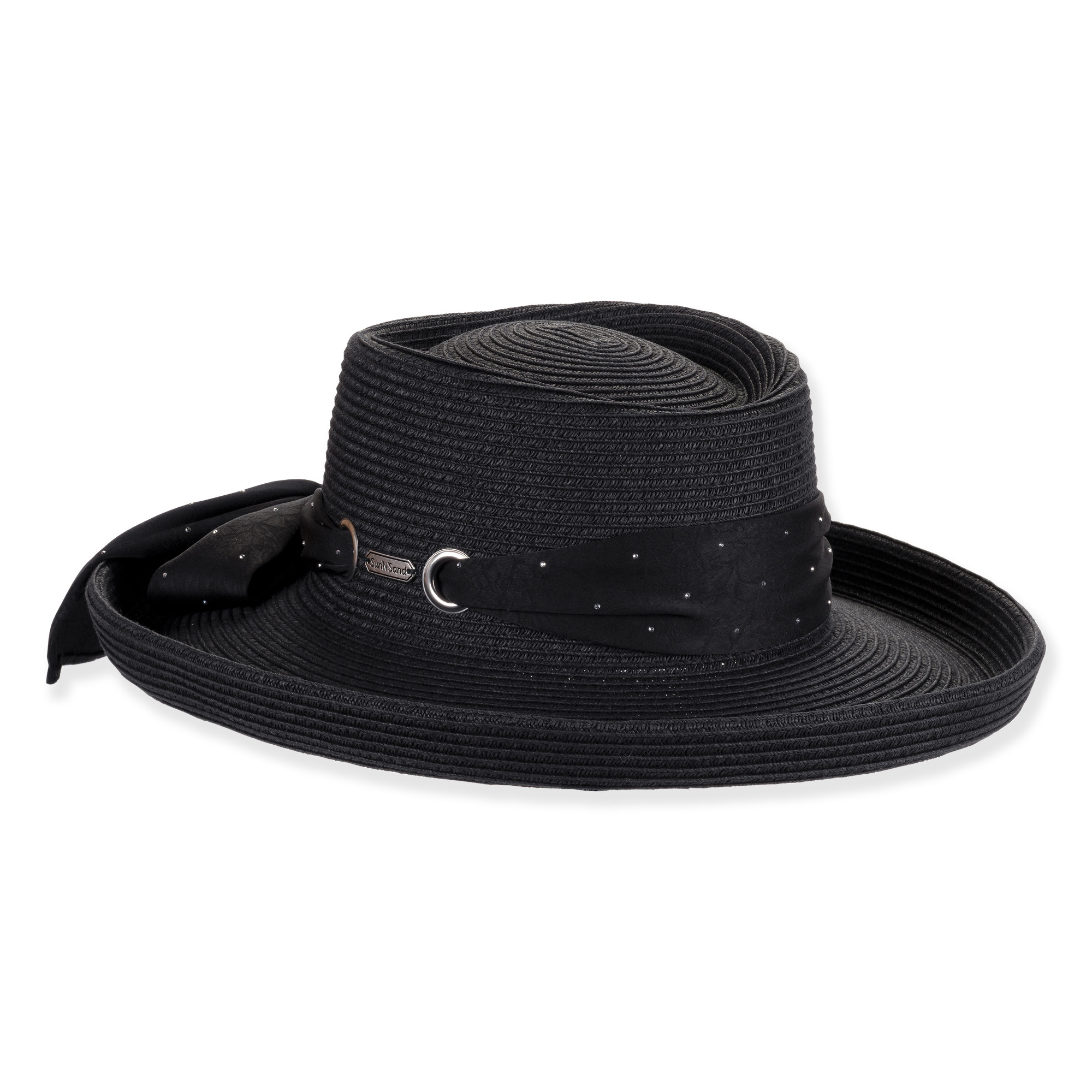 Front angle view of black woven wide brim hat with flat crown, studded band, tied fabric accent, and small metallic brand tag