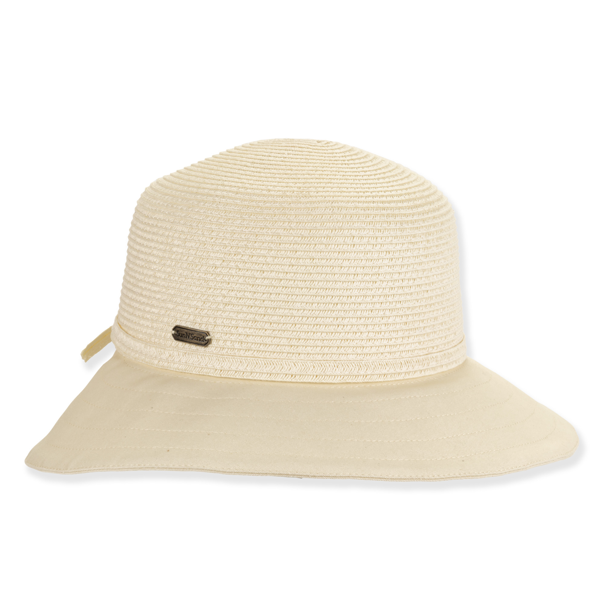 Front view beige woven sun hat with wide brim, textured coiled straw crown, smooth fabric brim, thin band, and small metallic brand tag.