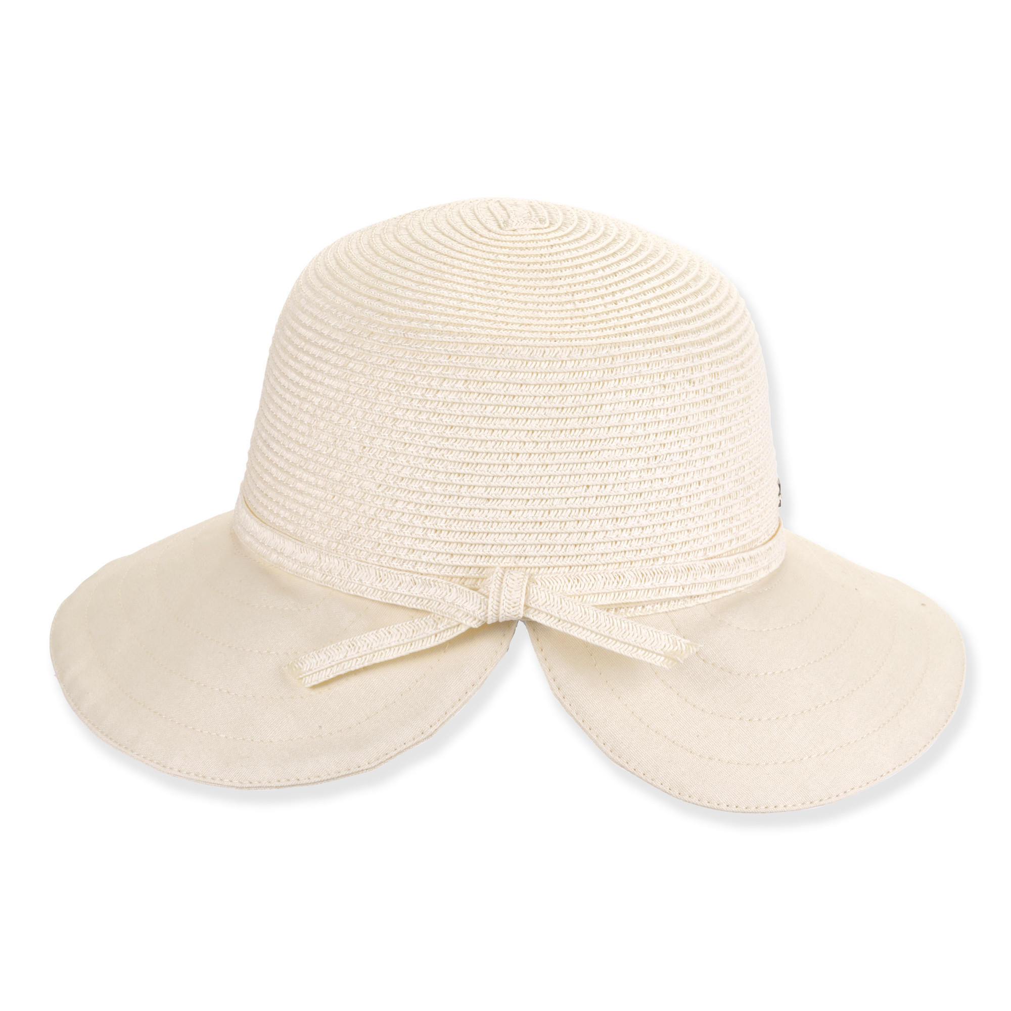 Cream straw sun hat with flexible brim, textured crown, and simple bow accent. Front view.