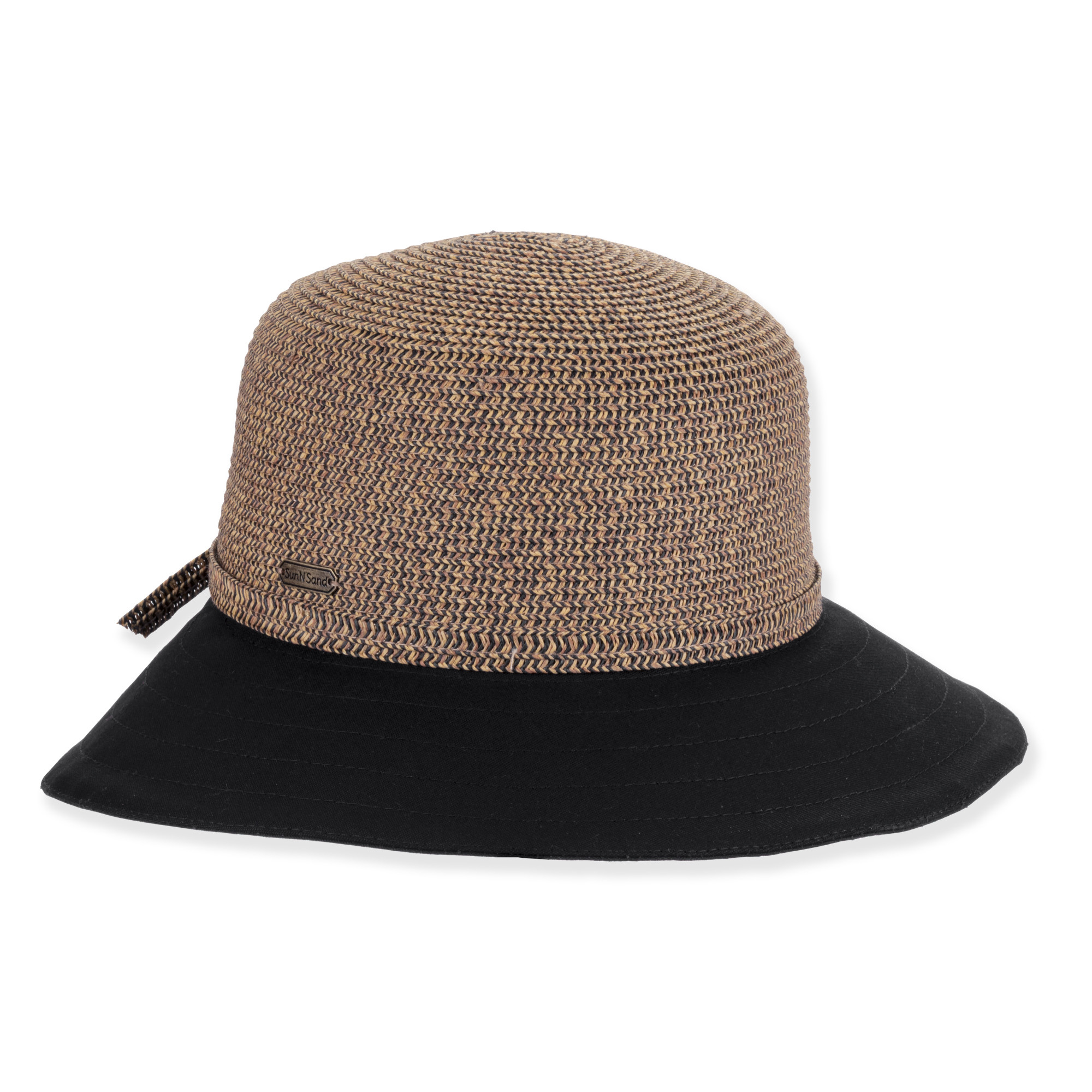 Front view beige woven sun hat with wide brim, textured coiled straw crown, smooth fabric brim, thin band, and small metallic brand tag