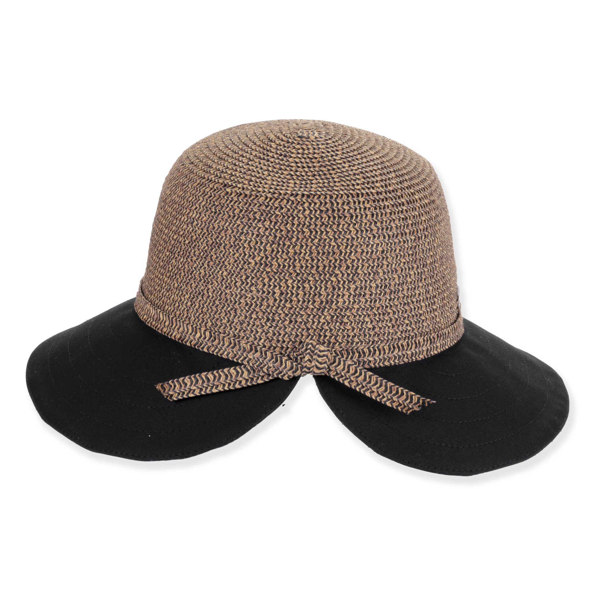 Woven straw crown hat with wide black brim, tied with a matching straw band