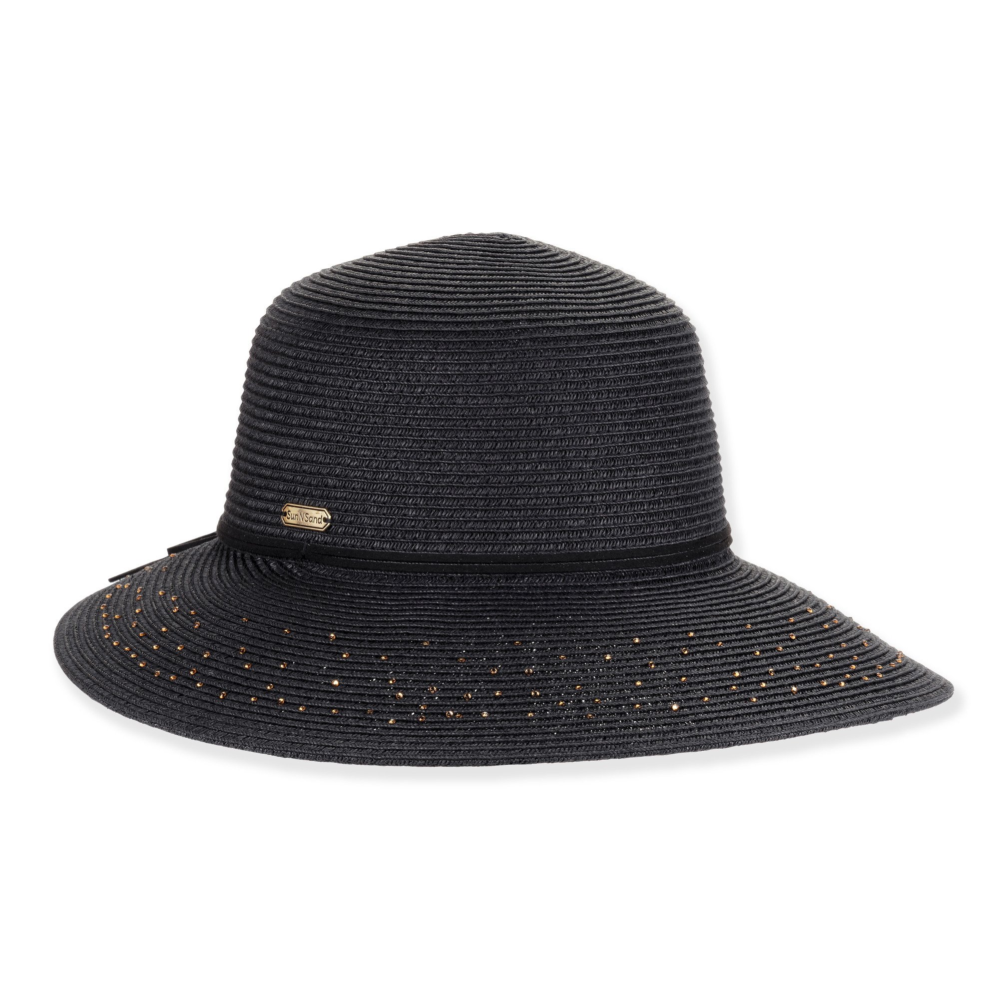 Front view black woven bucket hat with wide brim, ribbed straw texture, scattered gold embellishments, rounded crown, and small metallic brand tag.