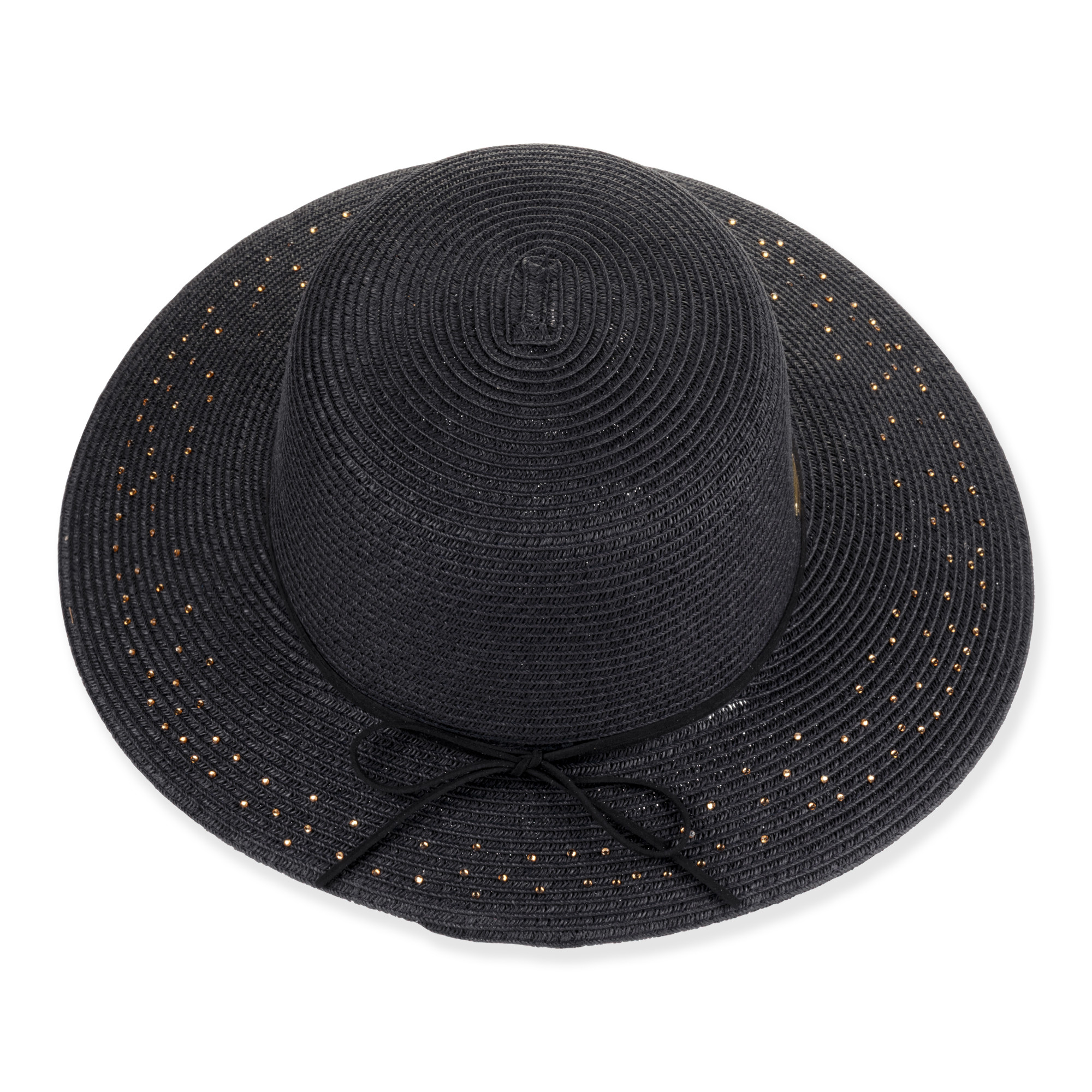Black woven sun hat, wide brim, metallic dot accents, ribbon bow. Top-down view, showing texture and detail.