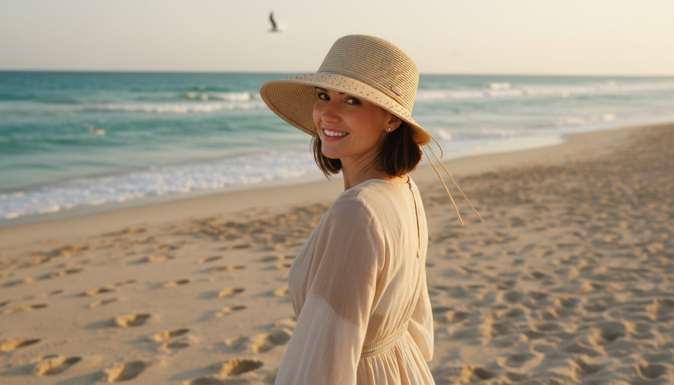 Front angled view of the Sun N Sand tapered bucket hat in natural straw, featuring narrow crown shape and adjustable UPF‑protection design.