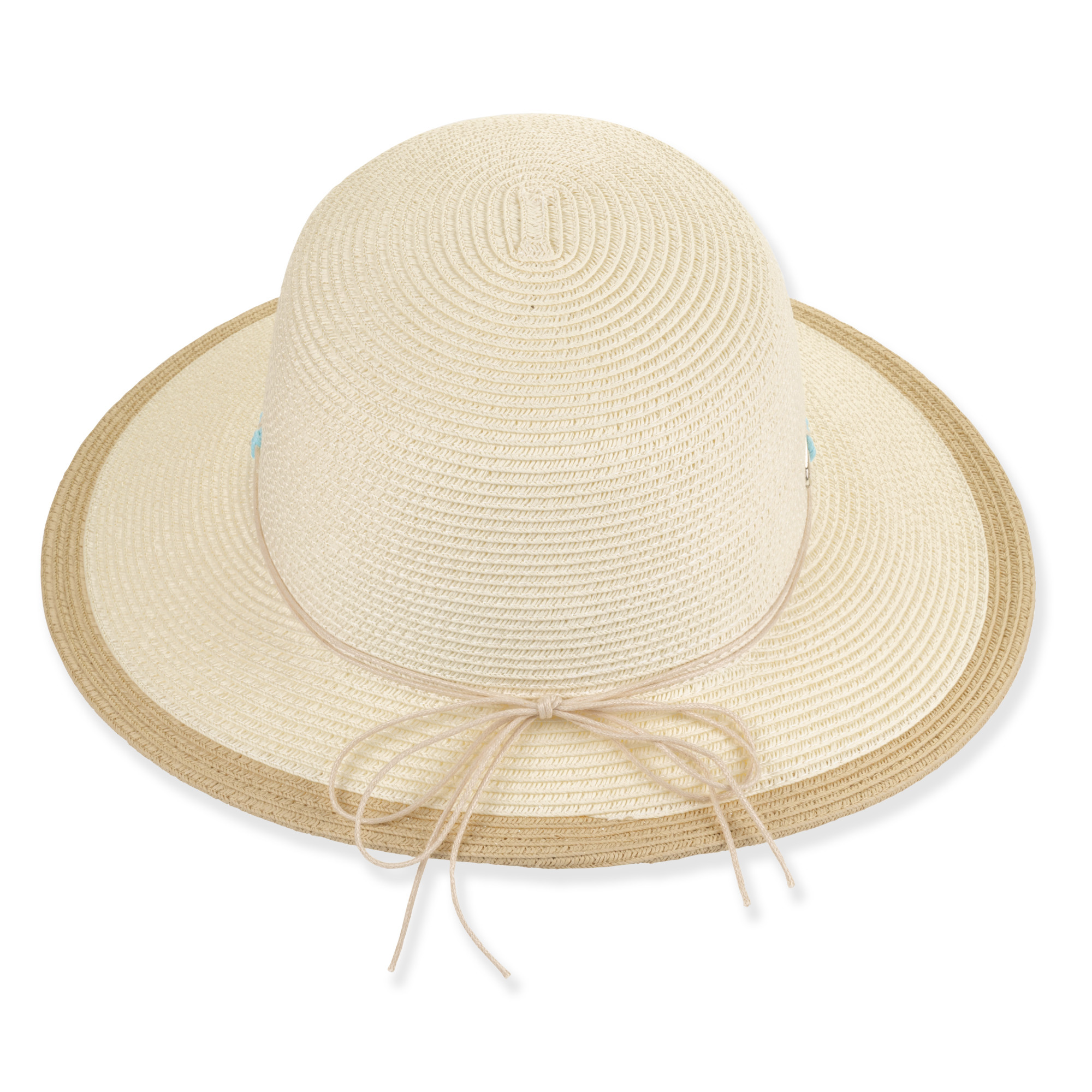 Front view beige woven tapered bucket hat with wide brim, textured straw crown, stitched blue white band, rounded shape, and small metallic tag