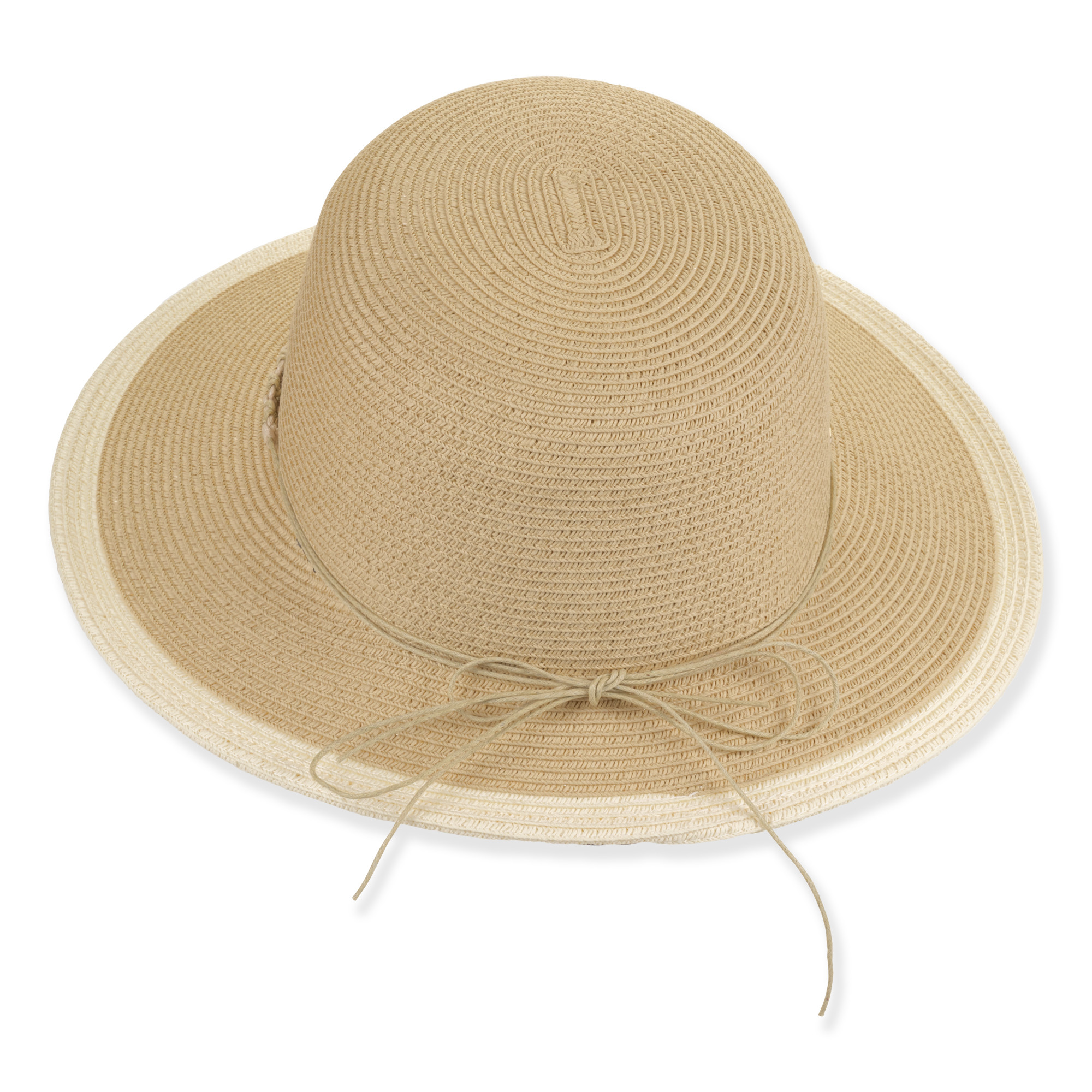 Front view beige woven tapered bucket hat with wide brim, braided light tone band, textured straw crown, and small metallic brand tag