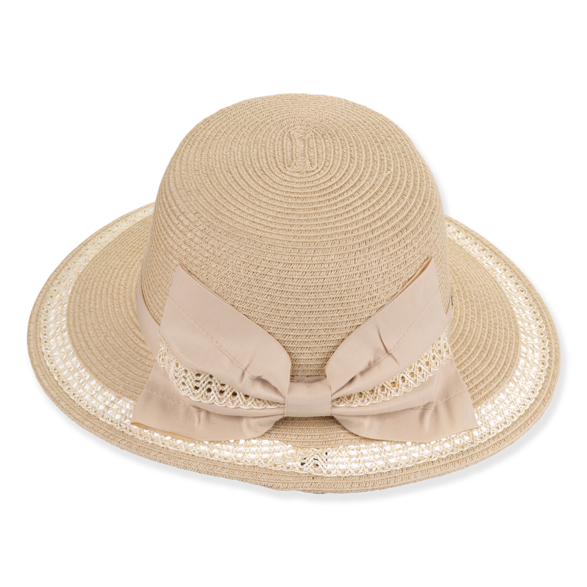 Front view beige woven tapered bucket hat with wide brim, textured straw pattern, lacy open weave brim trim, band detail, and small metallic tag.