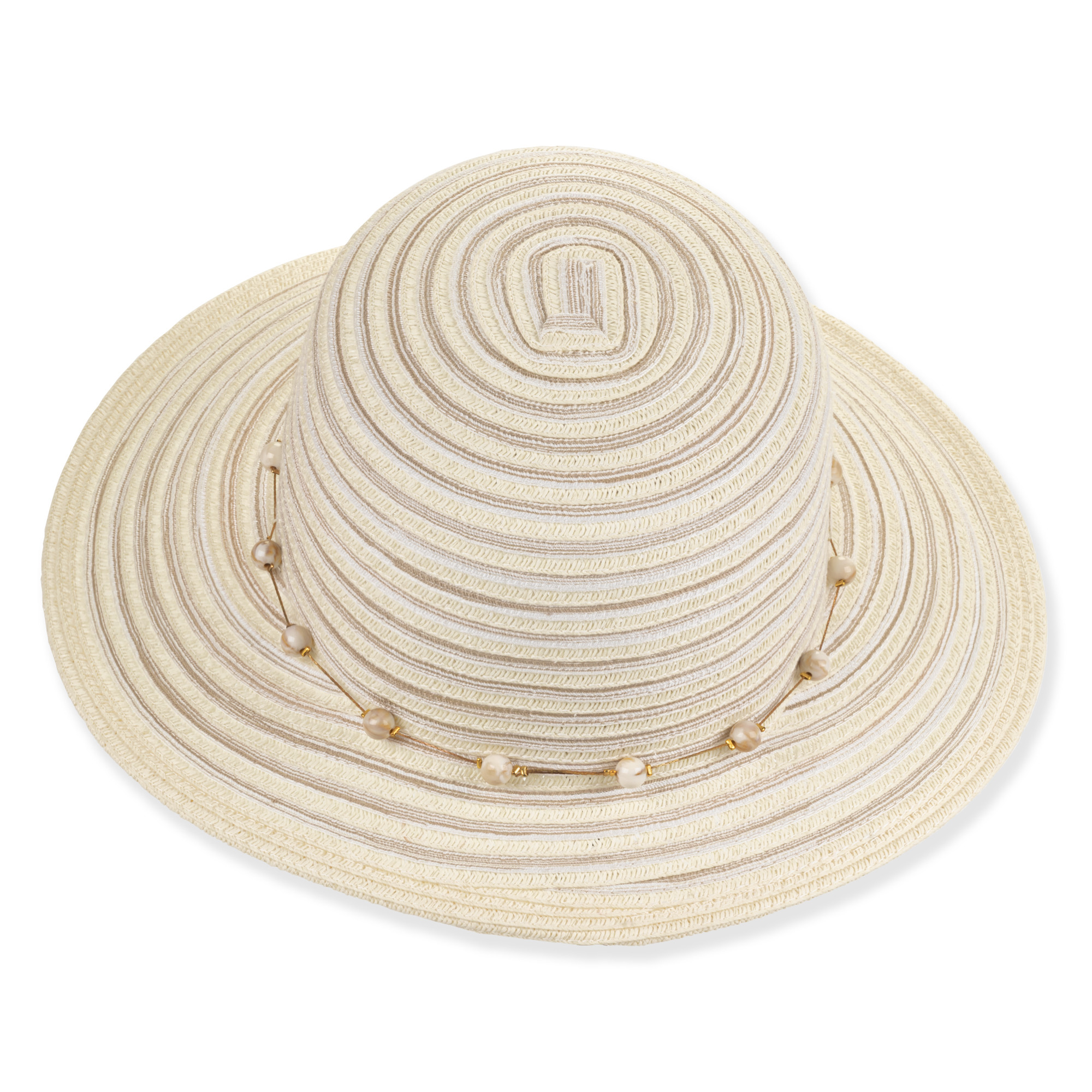 Front view beige woven tapered bucket hat with wide brim, horizontal striped texture, pearl accented band, rounded crown, and small metallic tag.
